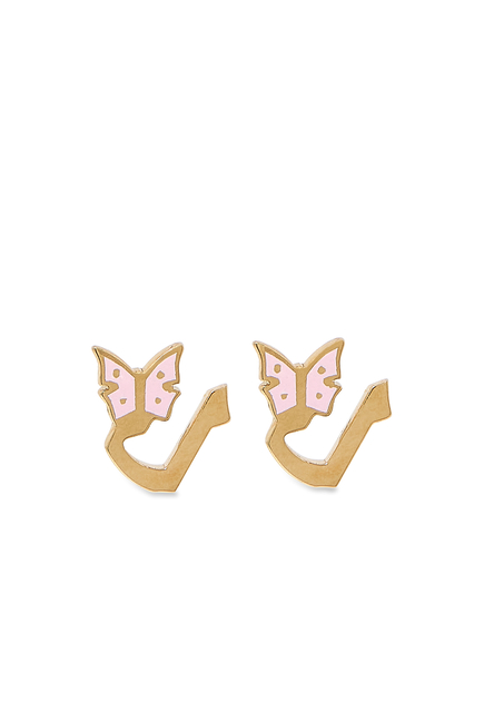 Kids Tiny Bling Butterfly Charm Letter 'Lam' Earrings, 18K Yellow Gold & Enamel