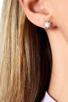 Trend Star Stud Earrings,  18K Yellow Gold with Freshwater Pearls & Diamonds