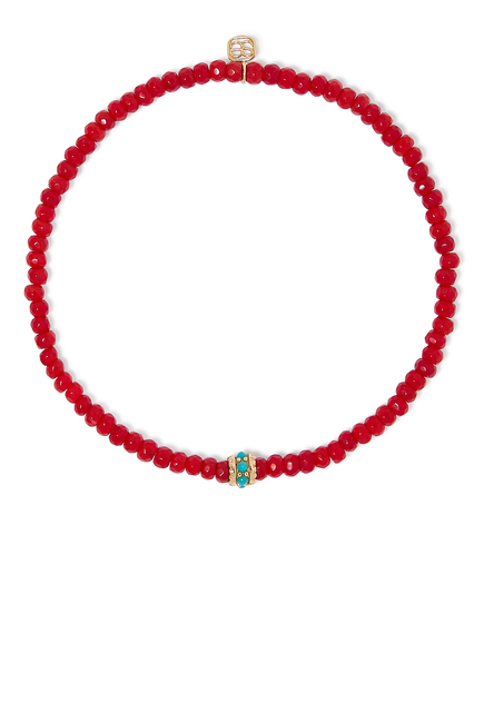 Scallop Rondelle on Bamboo Coral Beaded Bracelet, 14k Yellow Gold & Turquoise Beads