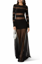  Spliced Long Sleeve Flared Gown with Mesh Skirt