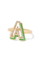 Letter 'A' Shadow Diamond Ring, 18K Yellow Gold, Pave Diamonds & Enamel