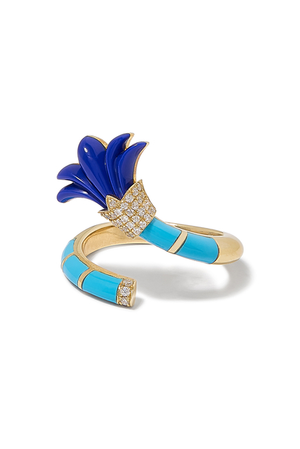 Psychedeliah Vine Statement Ring, 18k Yellow Gold & Diamonds, Turquoise, Lapis Lazuli
