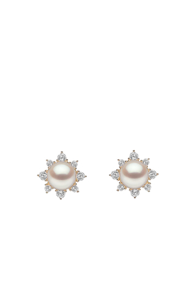 Trend Star Stud Earrings,  18K Yellow Gold with Freshwater Pearls & Diamonds