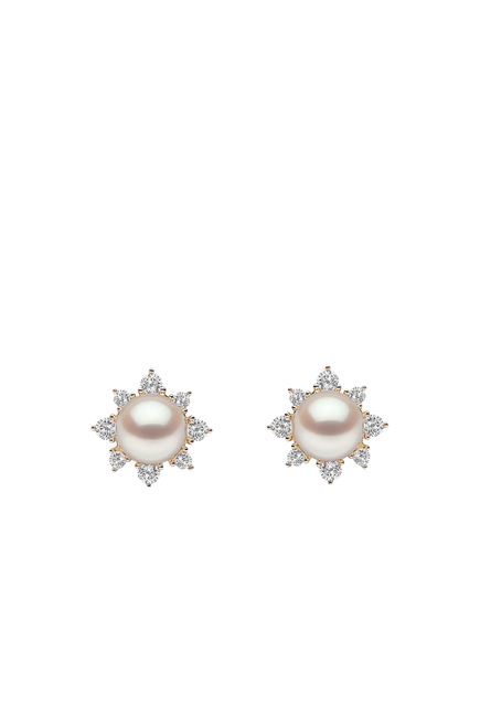 Trend Star Stud Earrings,  18K Yellow Gold with Freshwater Pearls & Diamonds