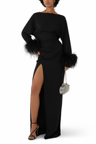 Stretch Drape Crepe Off The Shoulder Dress with Feathers