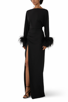 Stretch Drape Crepe Off The Shoulder Dress with Feathers