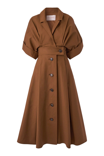 Wide Sleeves Belted Sateen Shirtdress