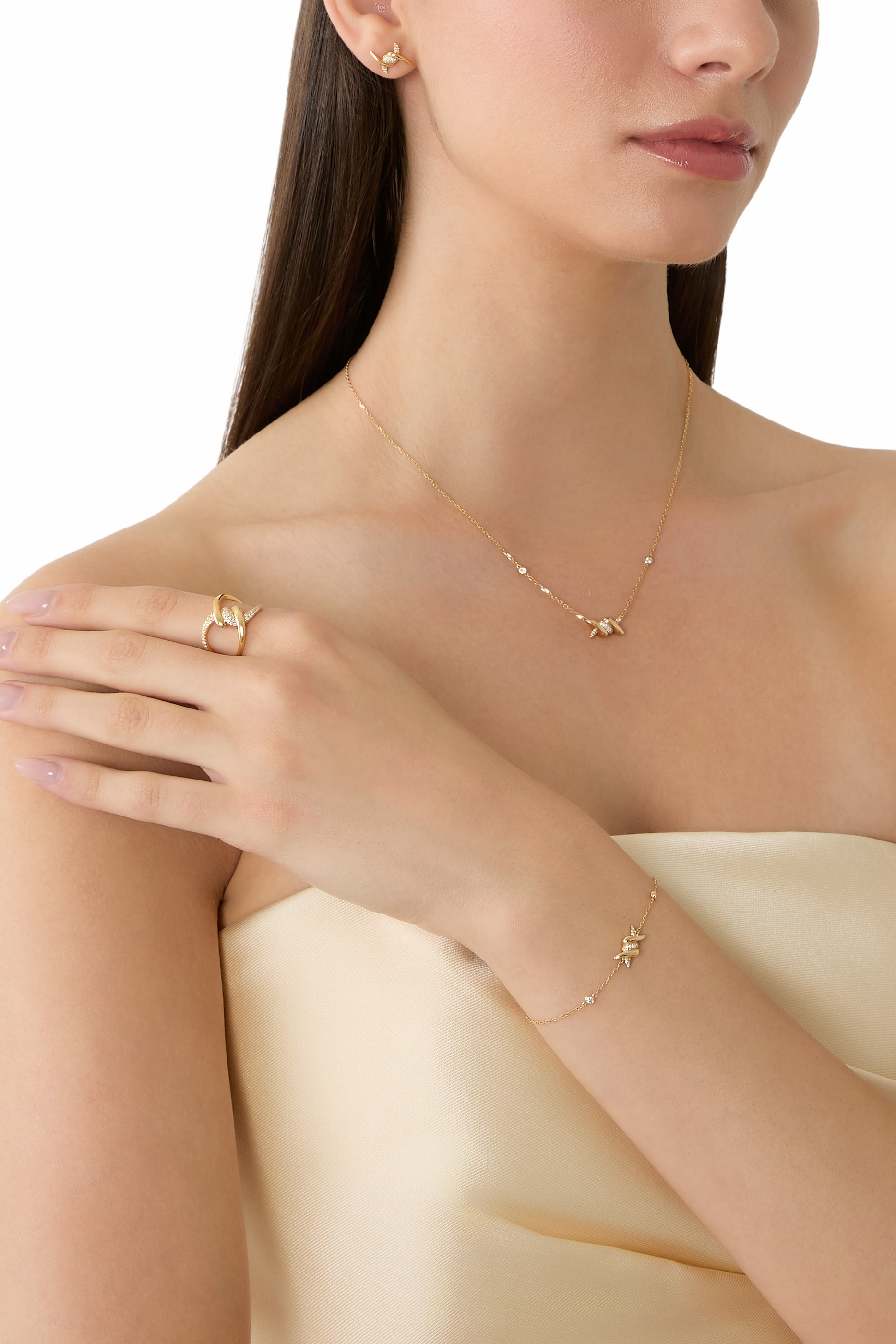 أقراط باربيليه مرصعة بماس، ذهب أصفر عيار 18