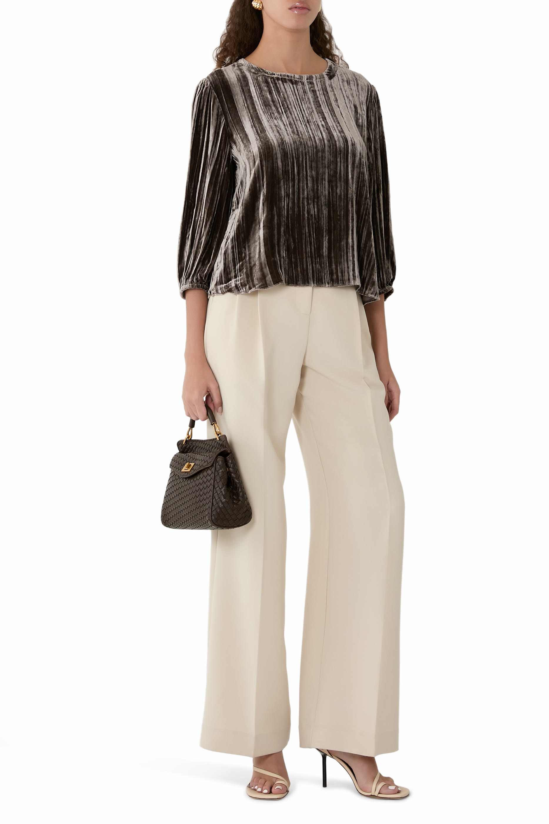 بلوزة بياقة مستديرة مخمل مجعد