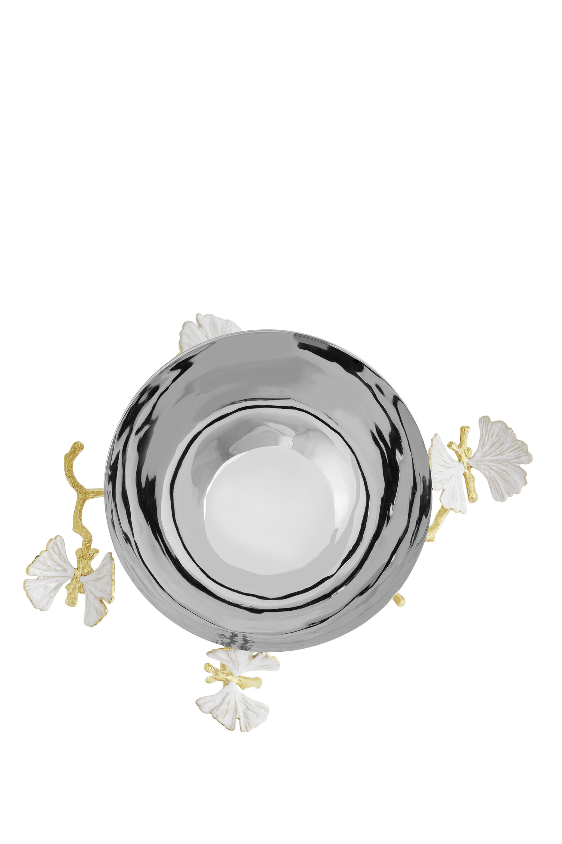 وعاء صغير بفراشات وأغصان جنكة بلون ذهبي