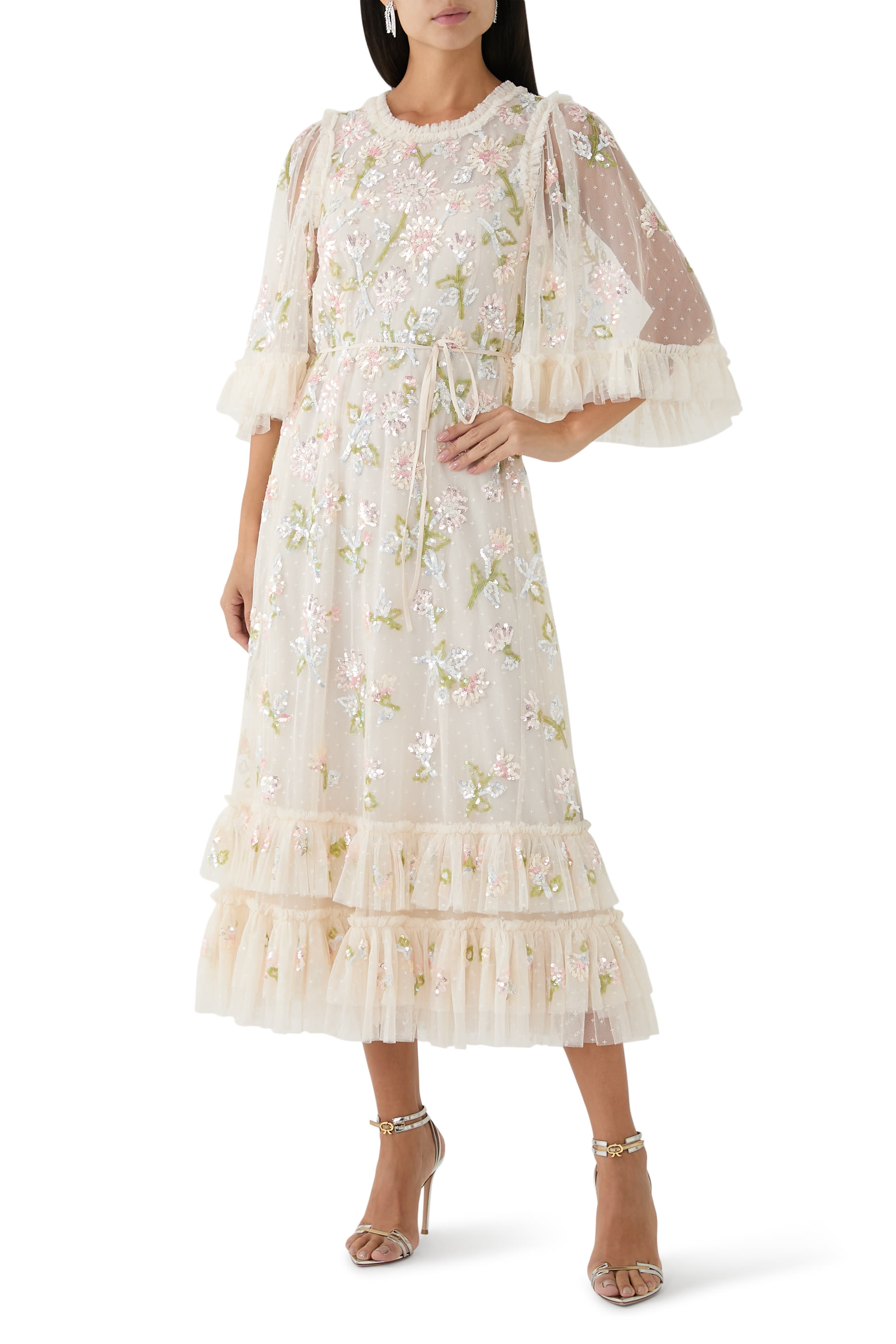 فستان باليرينا لامع بنقشة زهور الهندباء مطرزة بالترتر