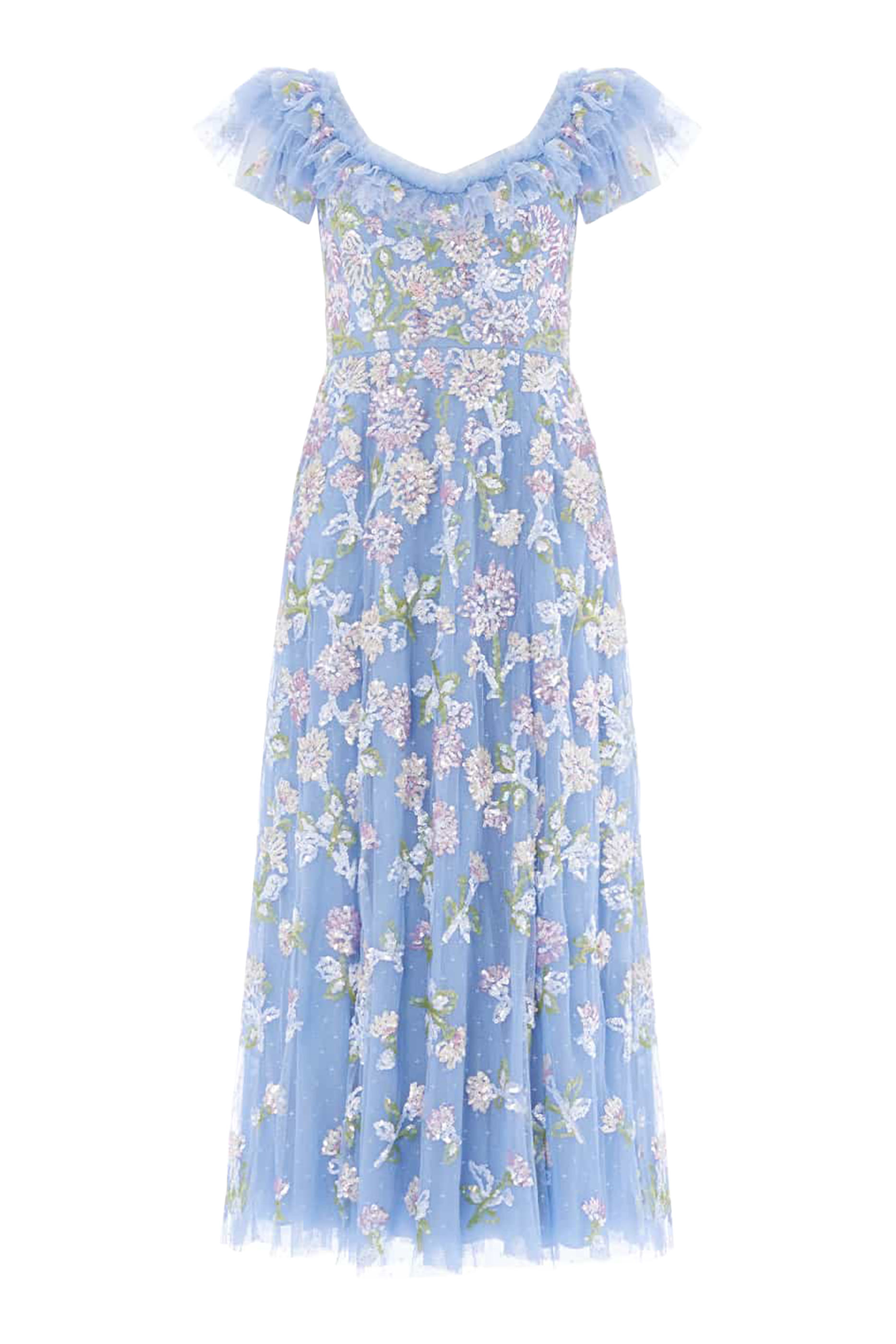 فستان باليرينا بكشكش ونقشة زهور الهندباء مطرزة بالترتر null