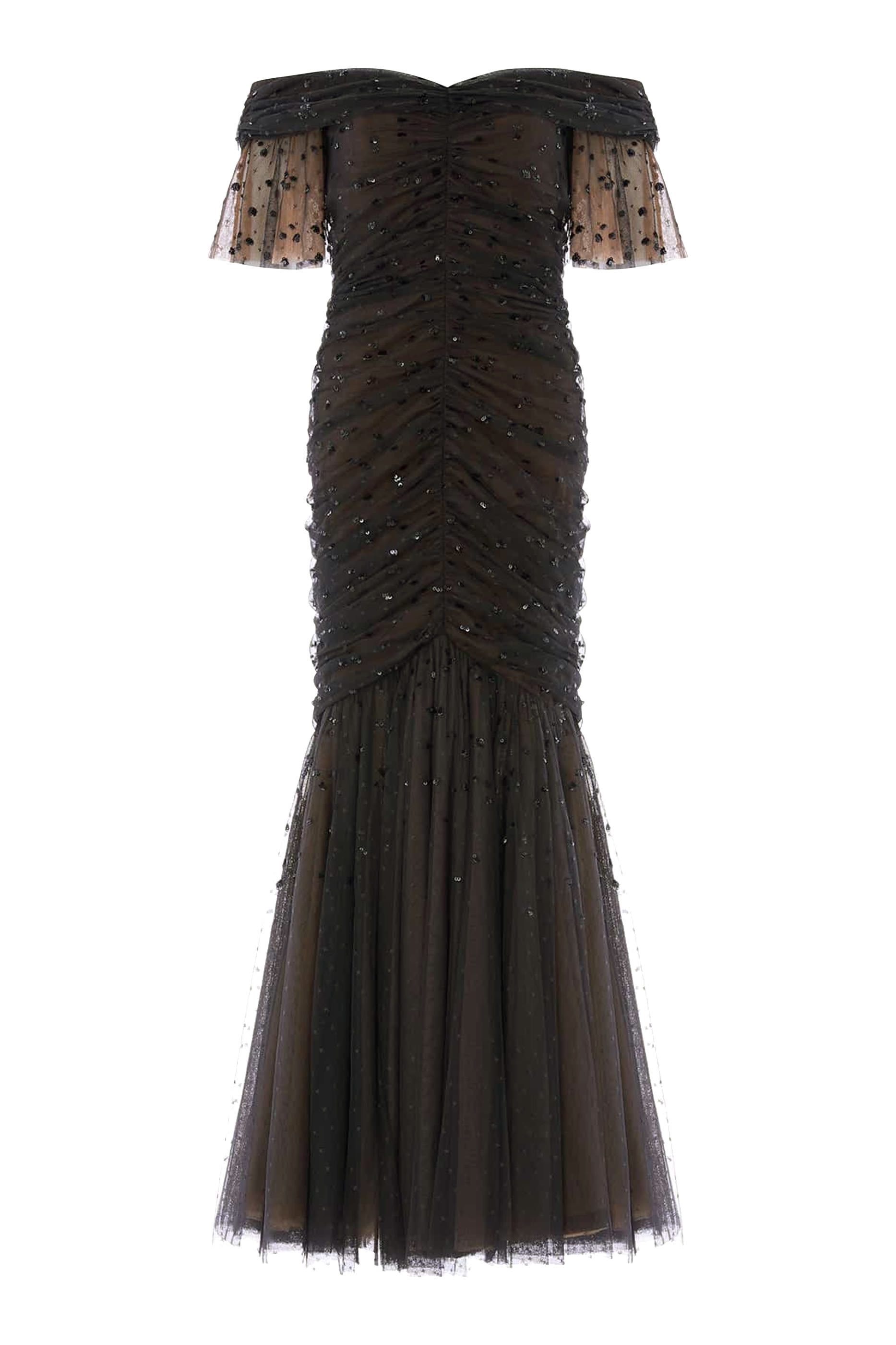 فستان سهرة أكتاف مكشوفة وكشكش وتطريزات بالترتر بارزة الملمس