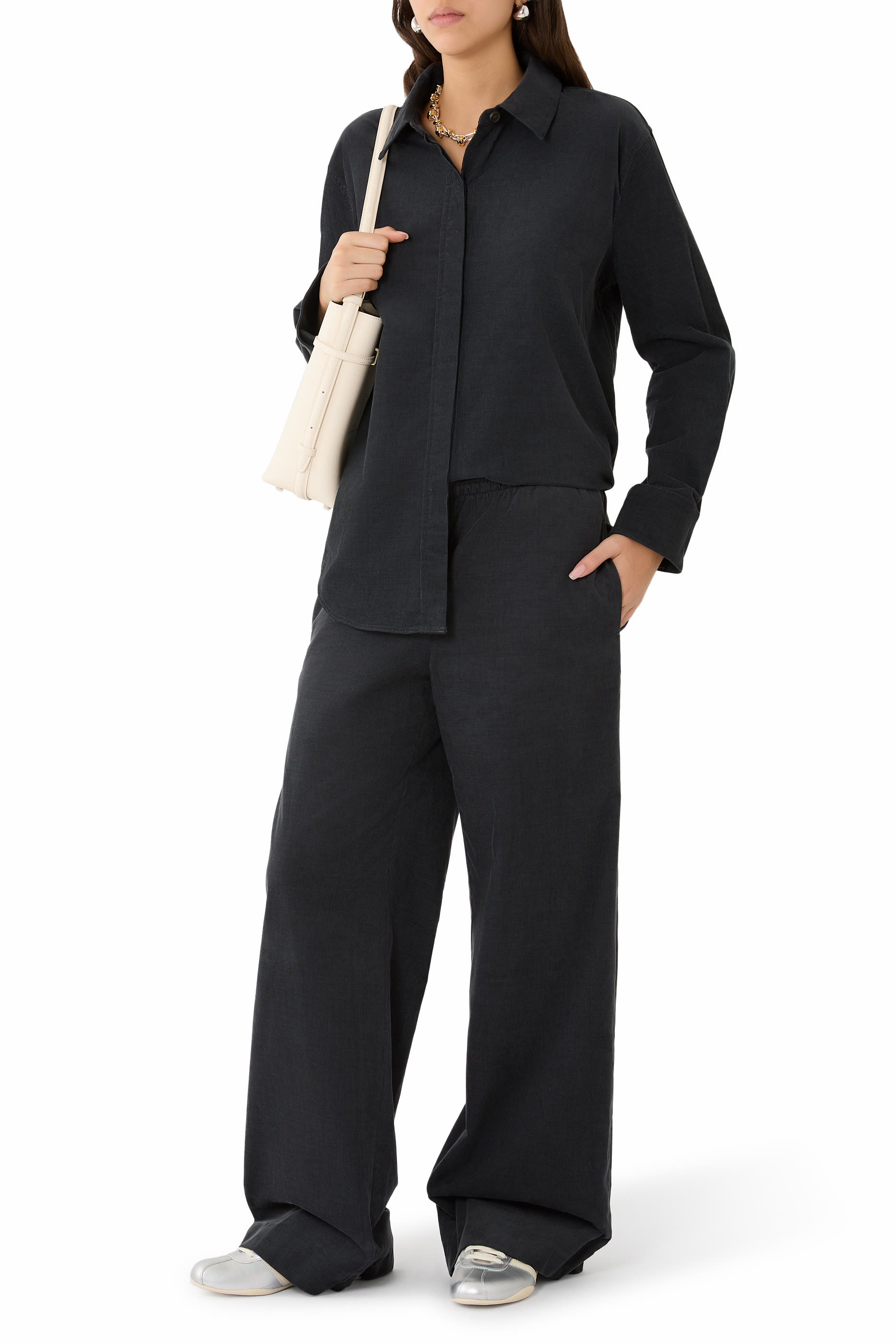 قميص بقصة فضفاضة قطن مخملي مضلع