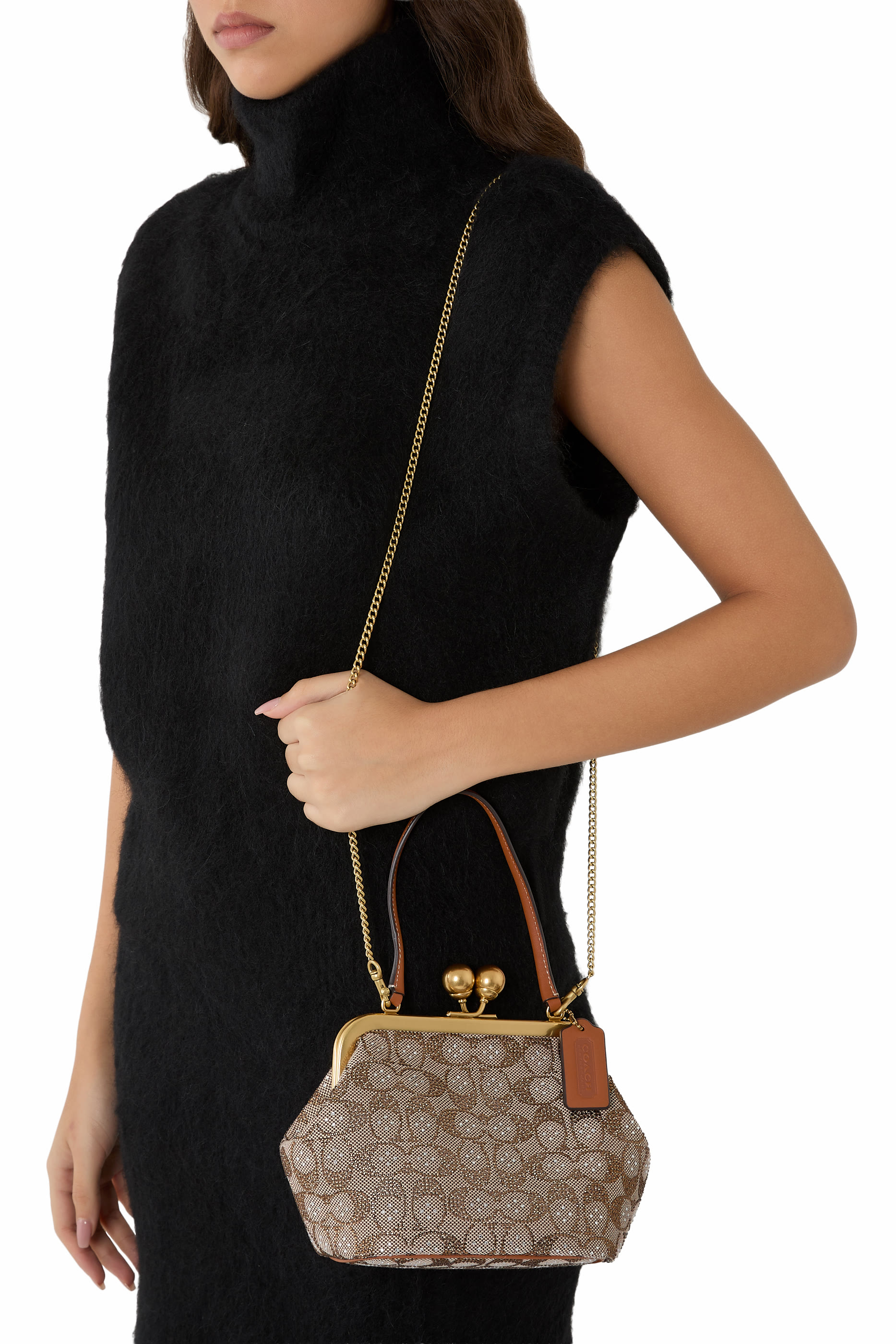 حقيبة فريم 16 مرصعة بكريستال جاكار بشعار الماركة ومشبك متقاطع