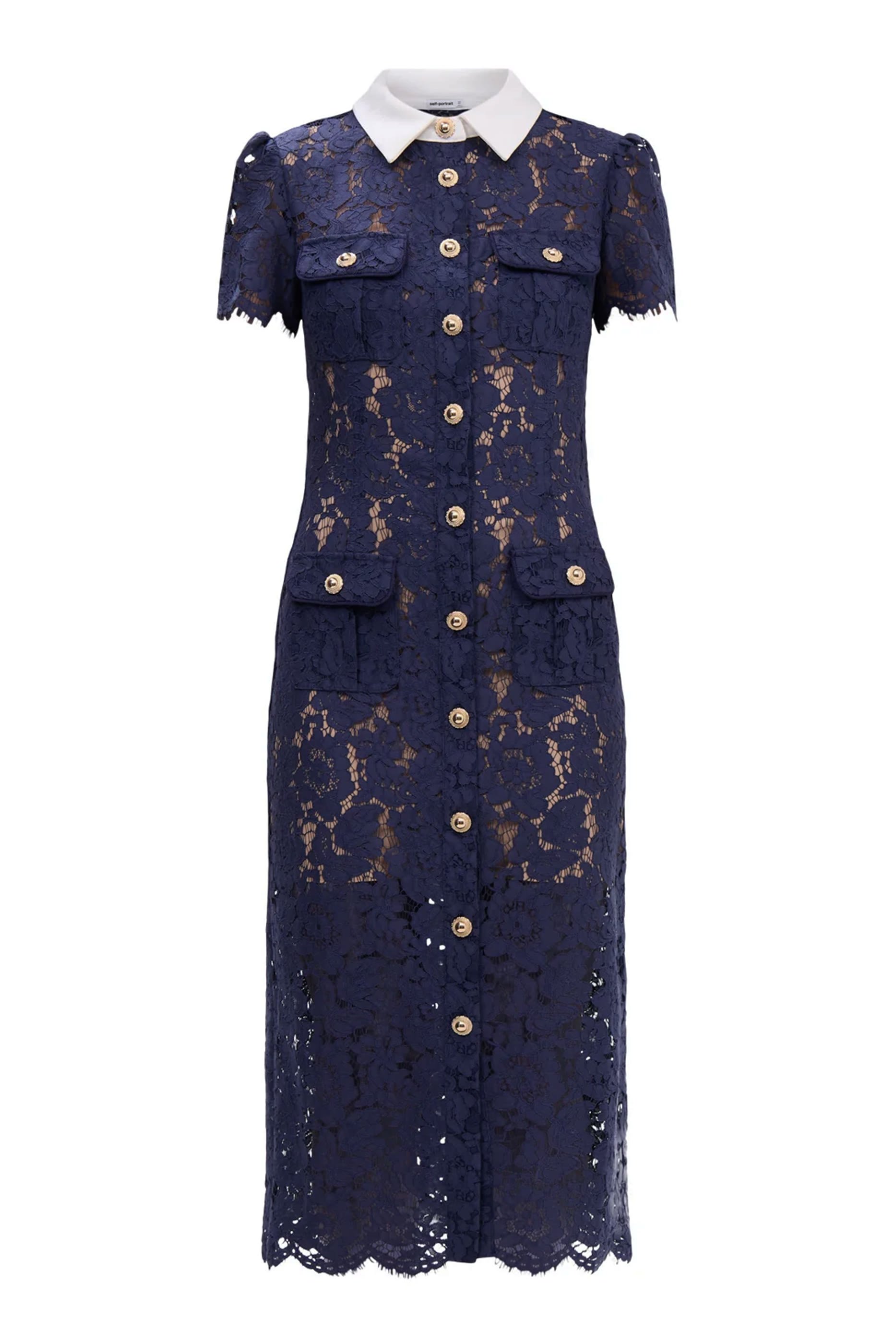 فستان متوسط الطول بياقة بلون مغاير دانتيل null