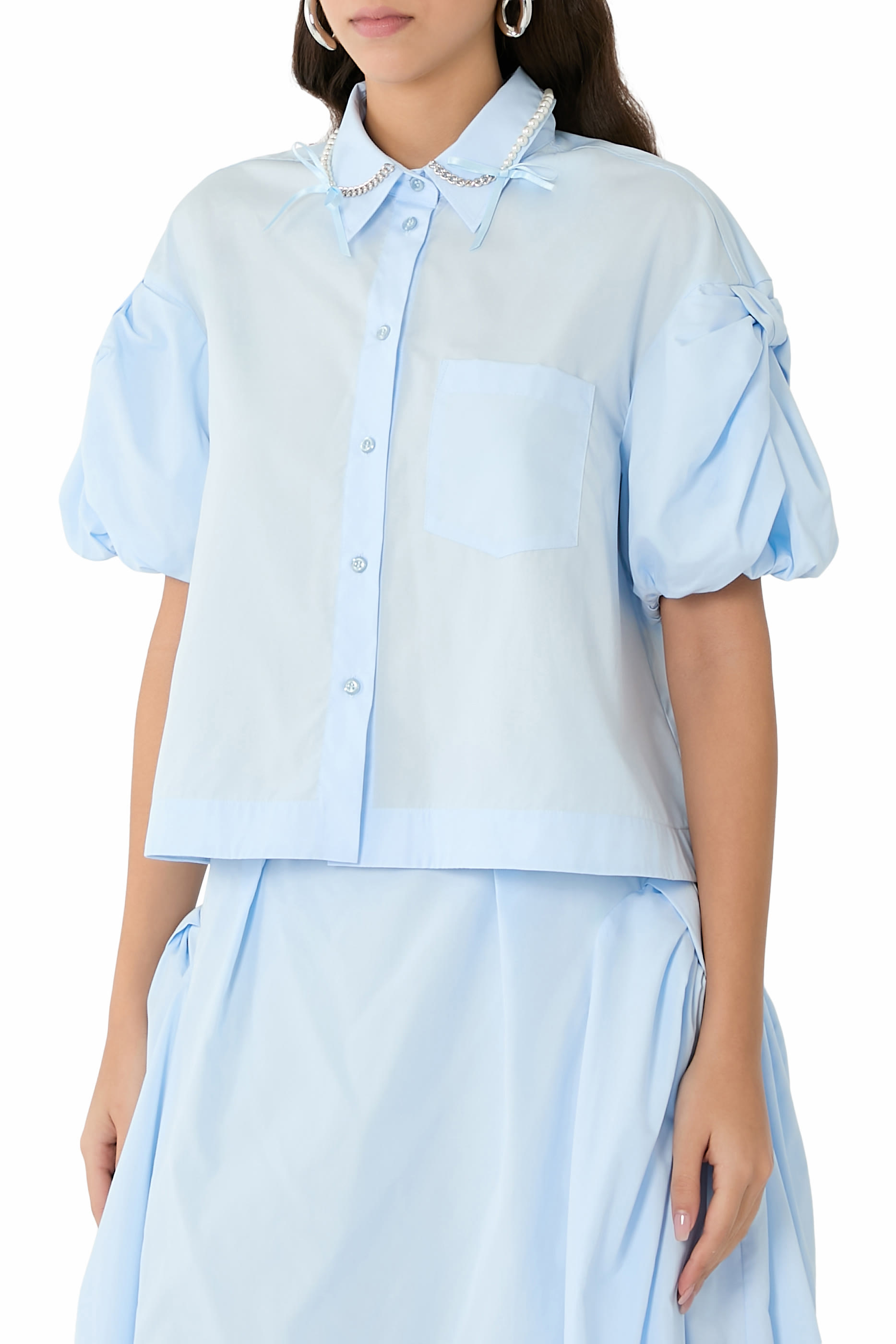 Cropped Bow Puff Sleeves Shirt