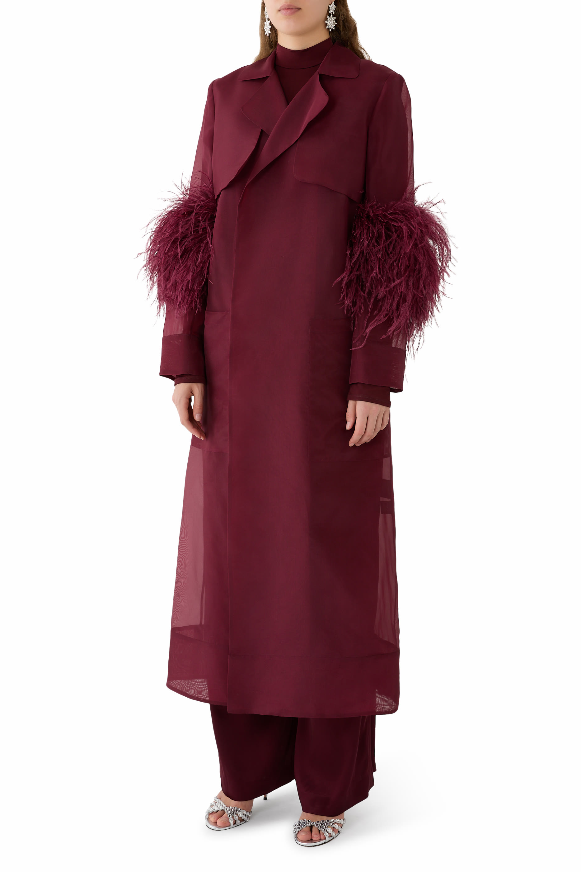 فستان داستر طويل شفاف أورجانزا مزين بالريش