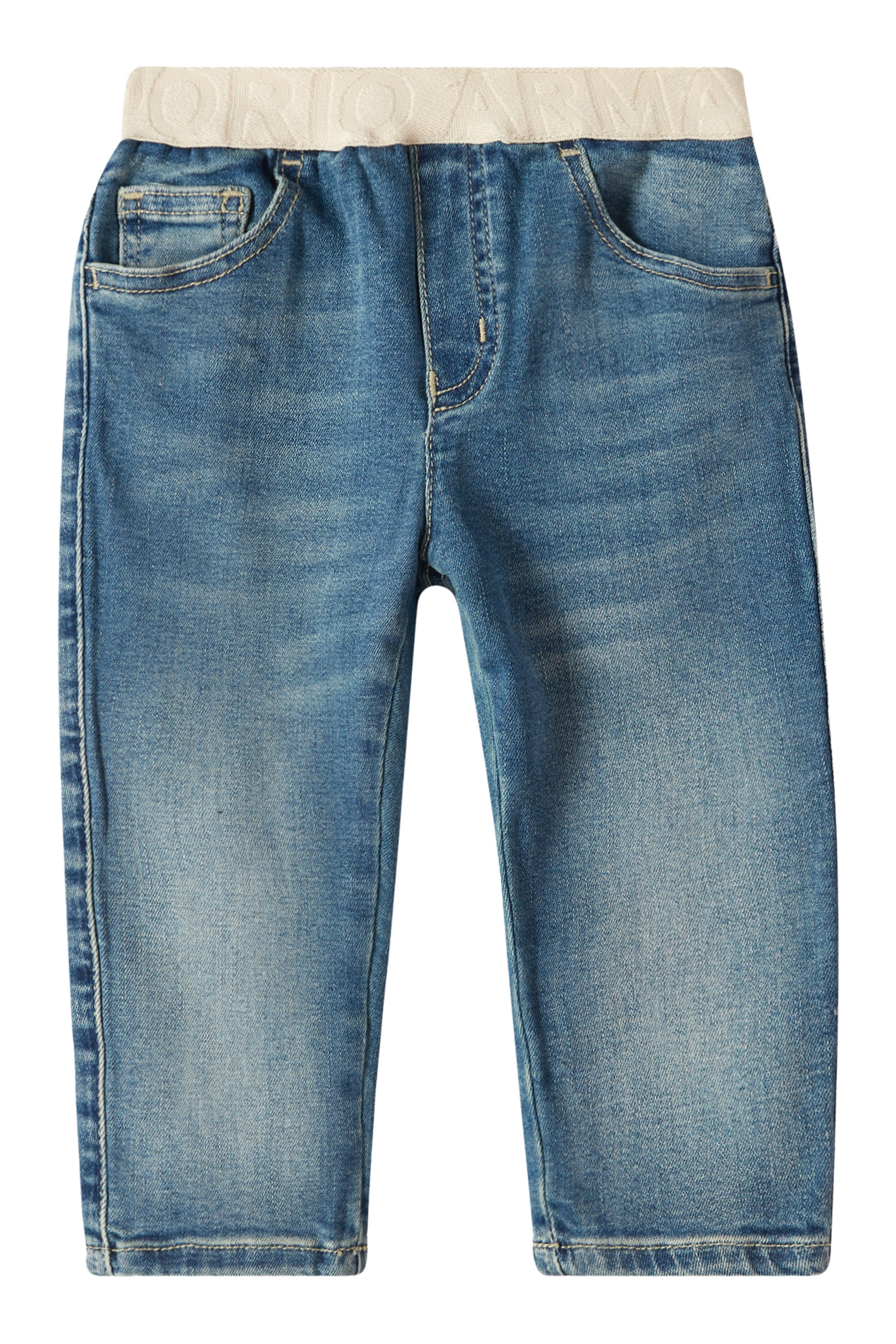 بنطال جينز دنيم بخصر مطاطي وشعار الماركة للأطفال