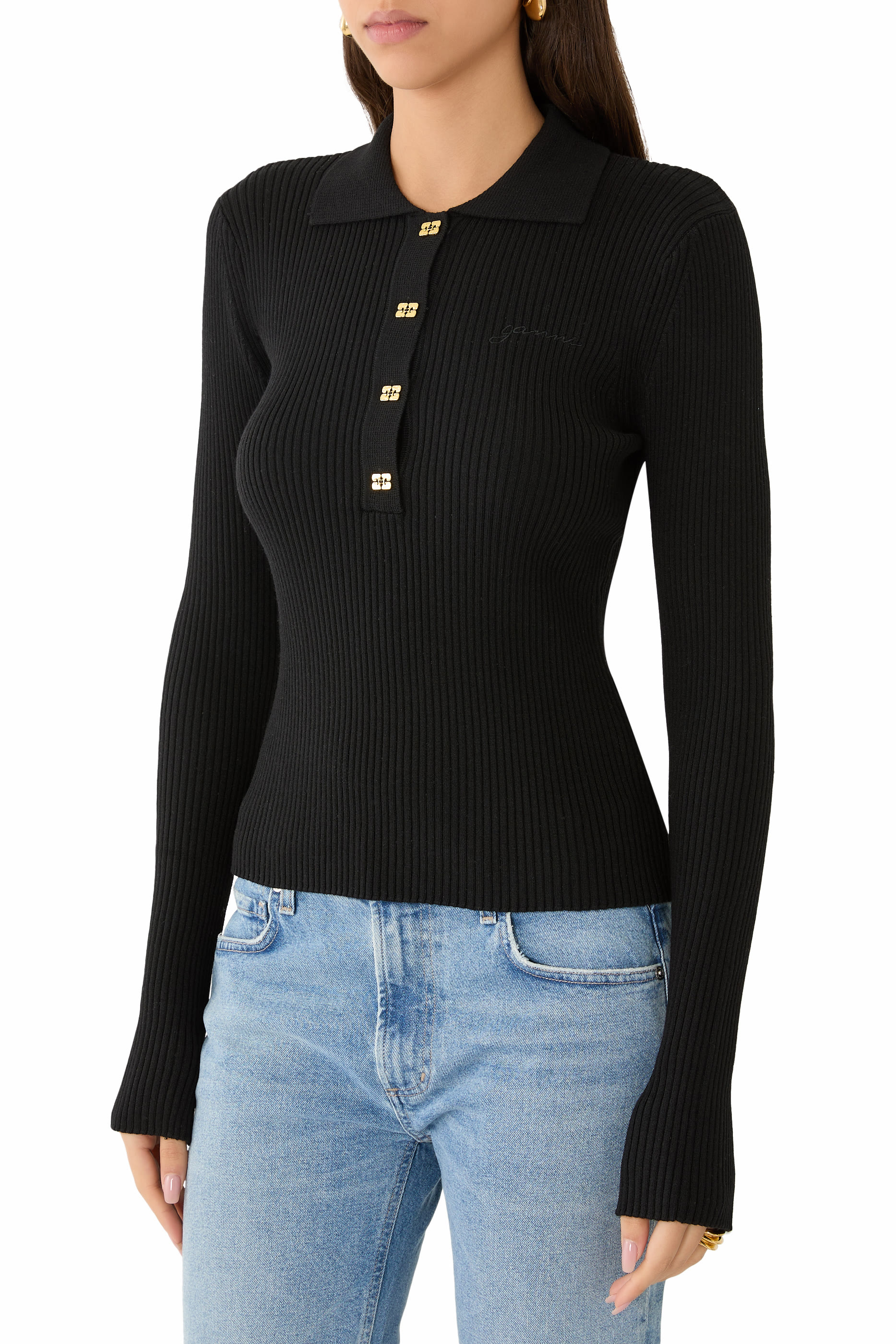 قميص بولو منسوج ومزين بترتر رفيع