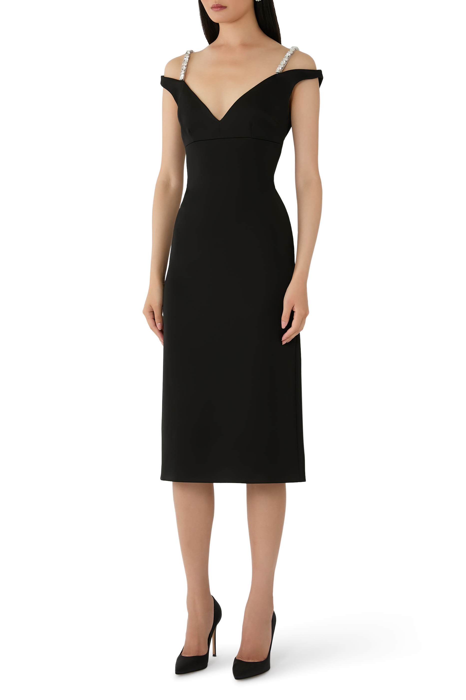 فستان متوسط الطول بحمالات مرصعة بالكريستال