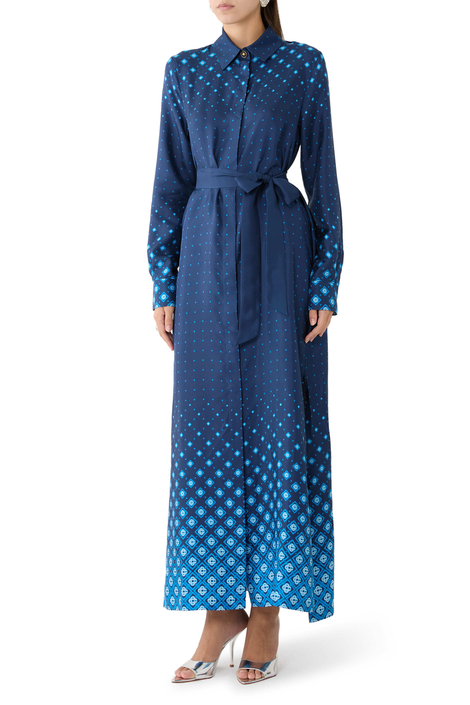 فستان بنمط قميص بنقشة بتصميم متدرج حرير