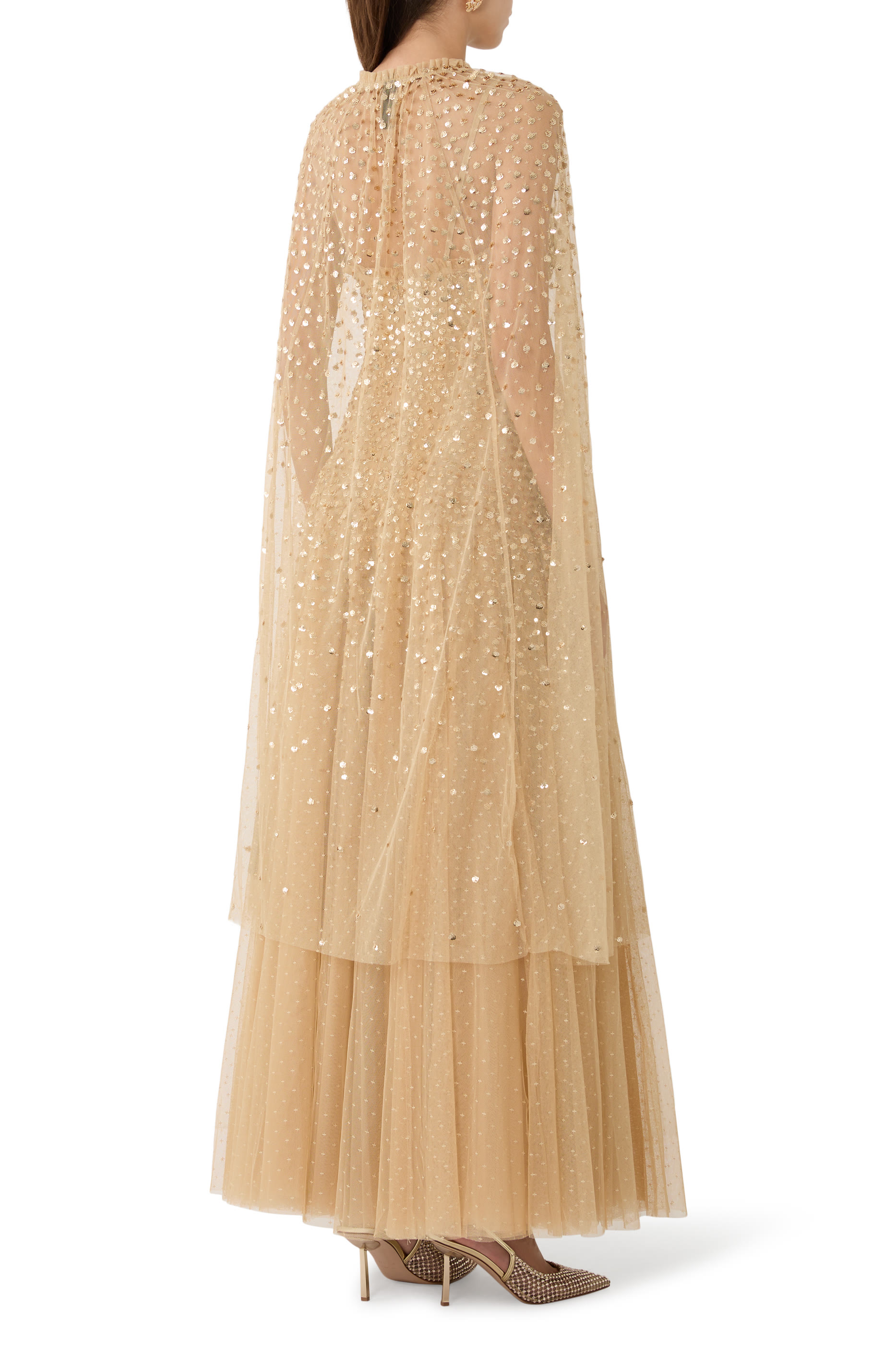 فستان سهرة كاسكيد بحمالات رفيعة وترتر وياقة عميقة