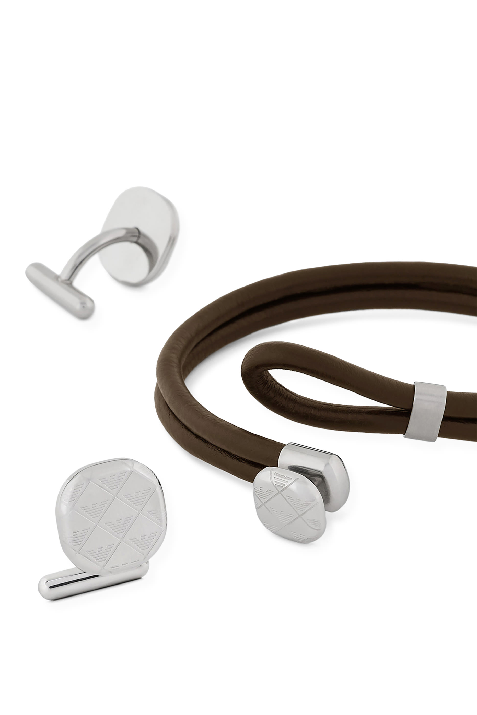 طقم سوار وأزرار أكمام جلد وستانلس ستيل