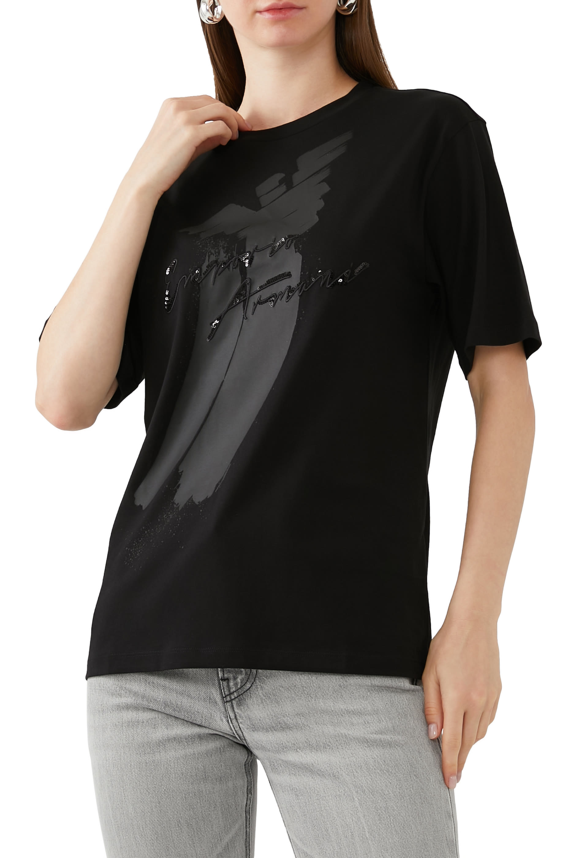 تيشيرت ايه اس في بطبعة شعار الماركة مطرز بالترتر جيرسيه عضوي