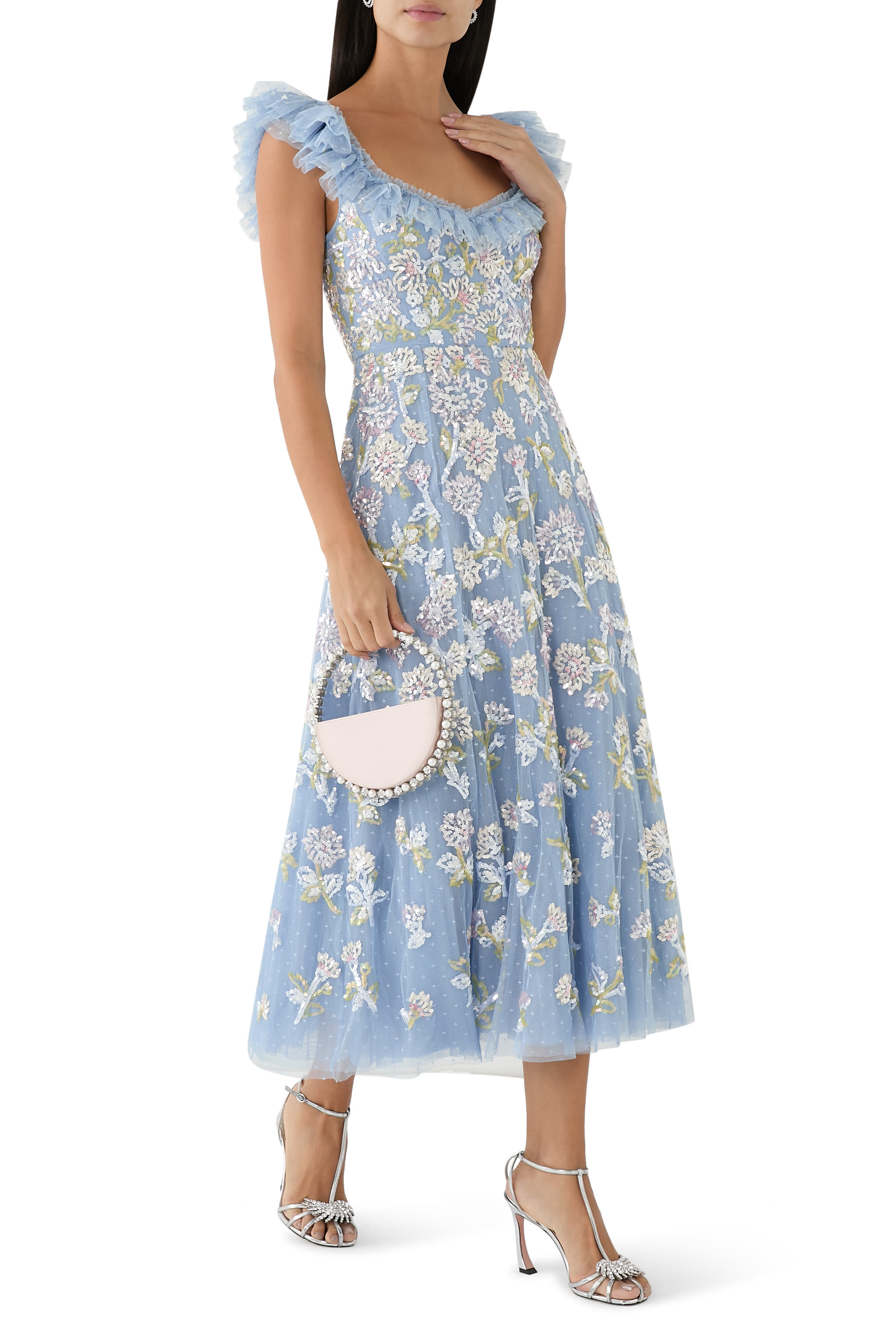 فستان باليرينا بكشكش ونقشة زهور الهندباء مطرزة بالترتر null