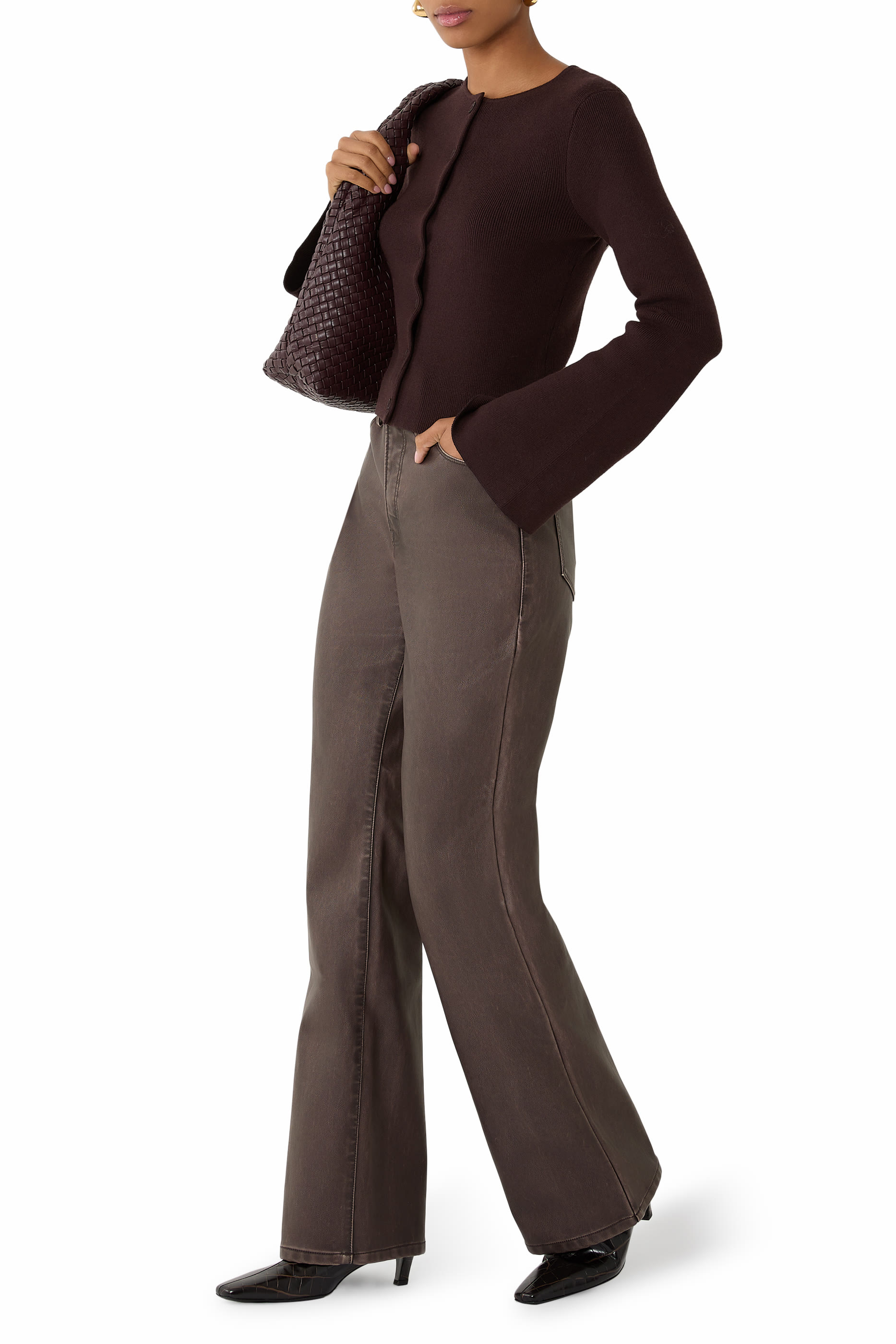 بنطال جينز جود كلاسيك بحواف واسعة جلد صناعي