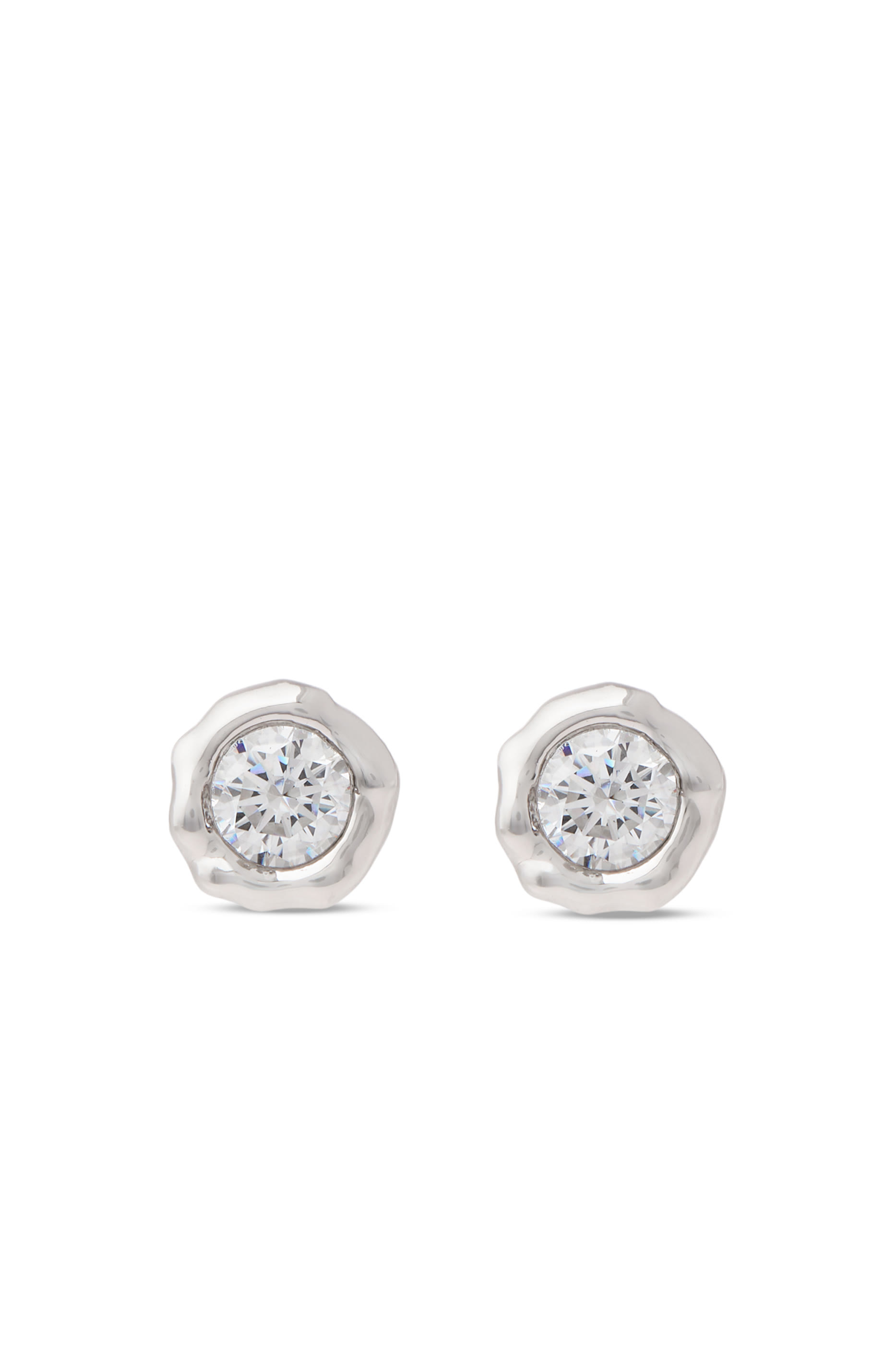 Asterales Molten Bezel Stud Earrings, Rhodium Tone Plated Brass Metalwork with Cubic Zirconia