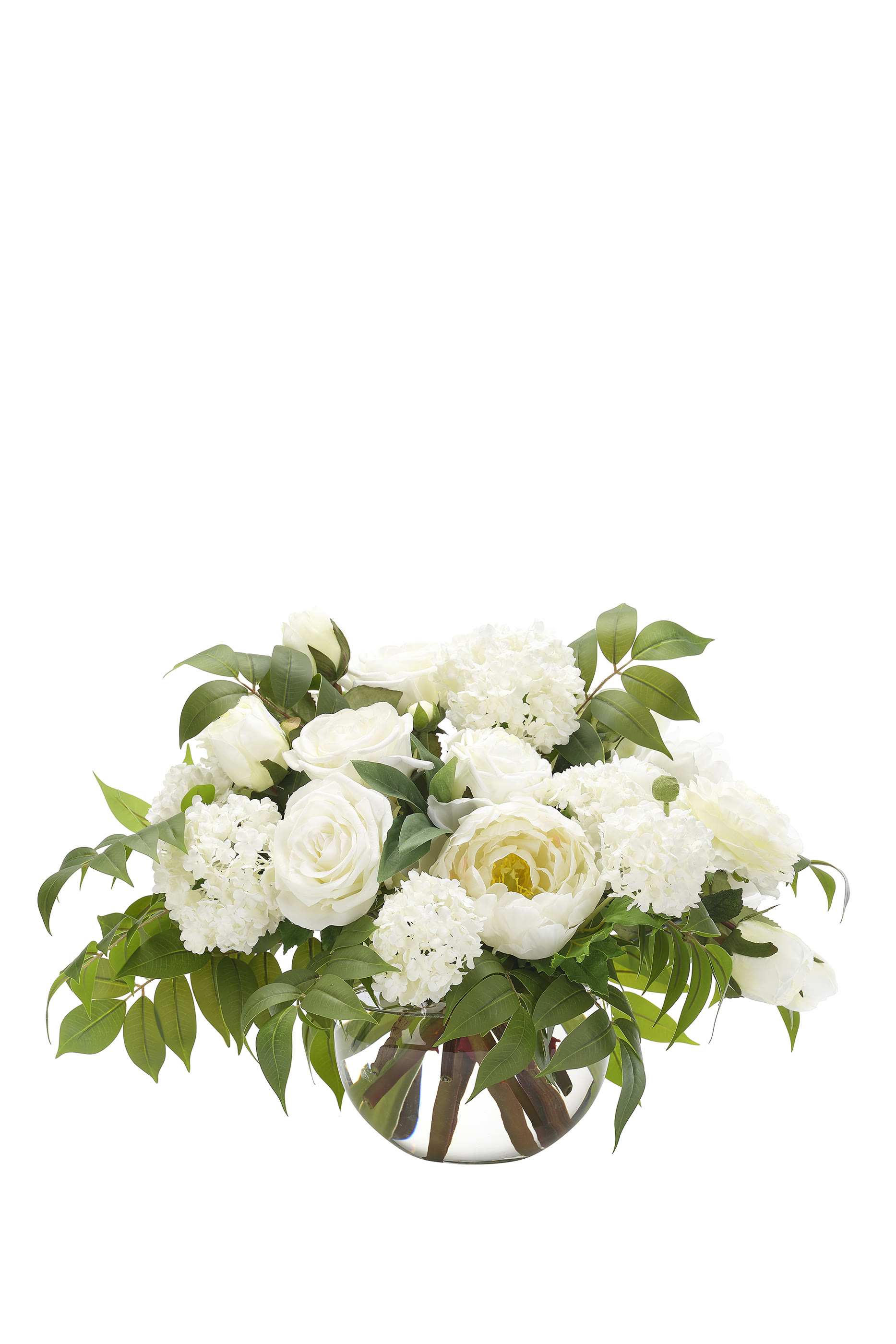 باقة زهور الفاونيا في مزهرية زجاجية دائرية