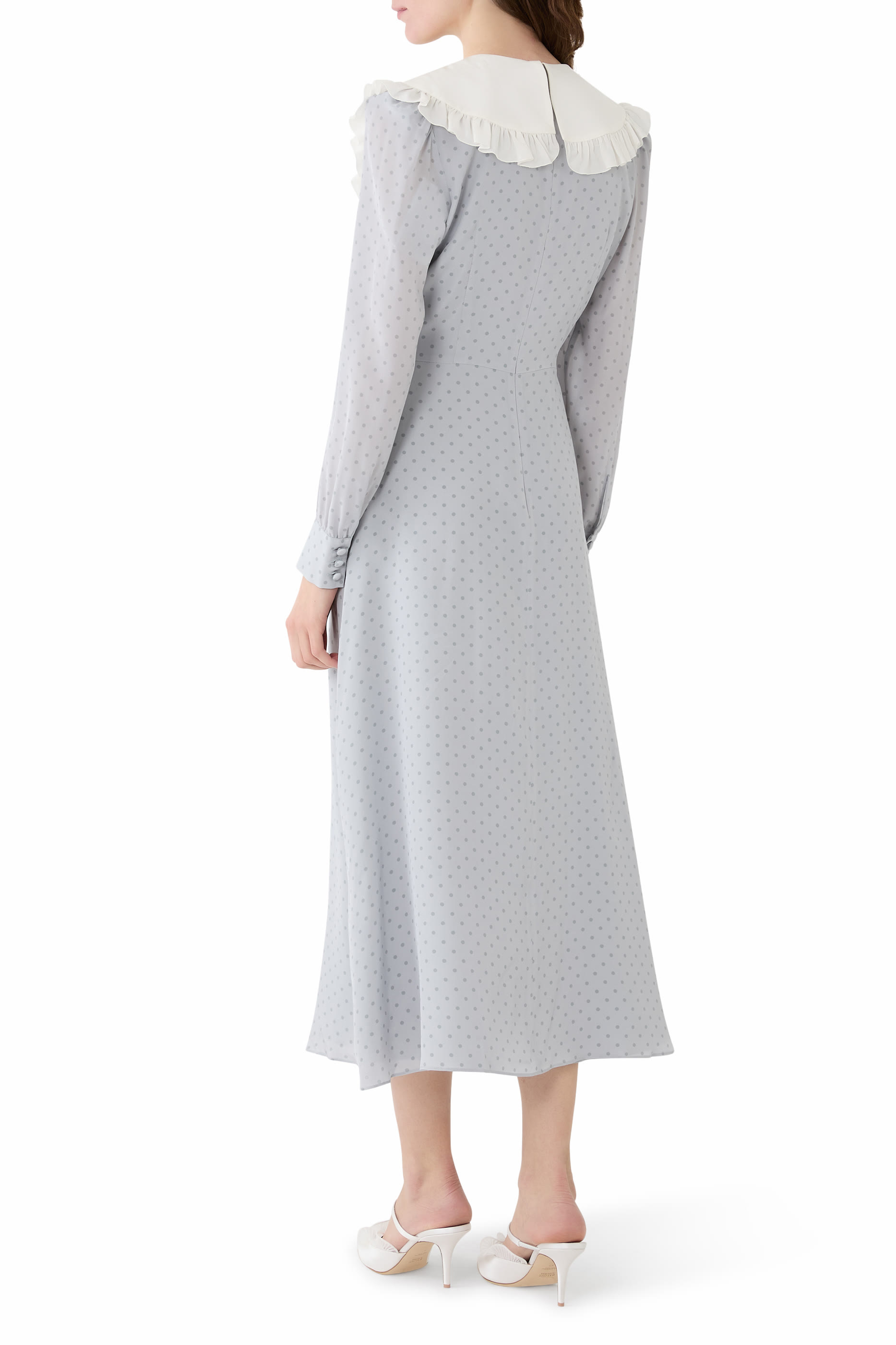 فستان متوسط الطول بياقة ونقشة نقاط بولكا