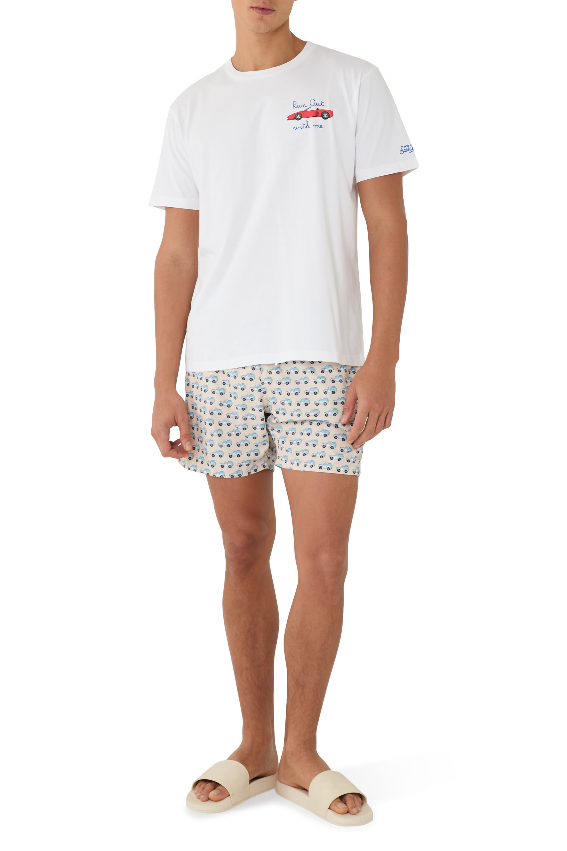 Car Print and Run Out with Me Embroidery T-Shirt