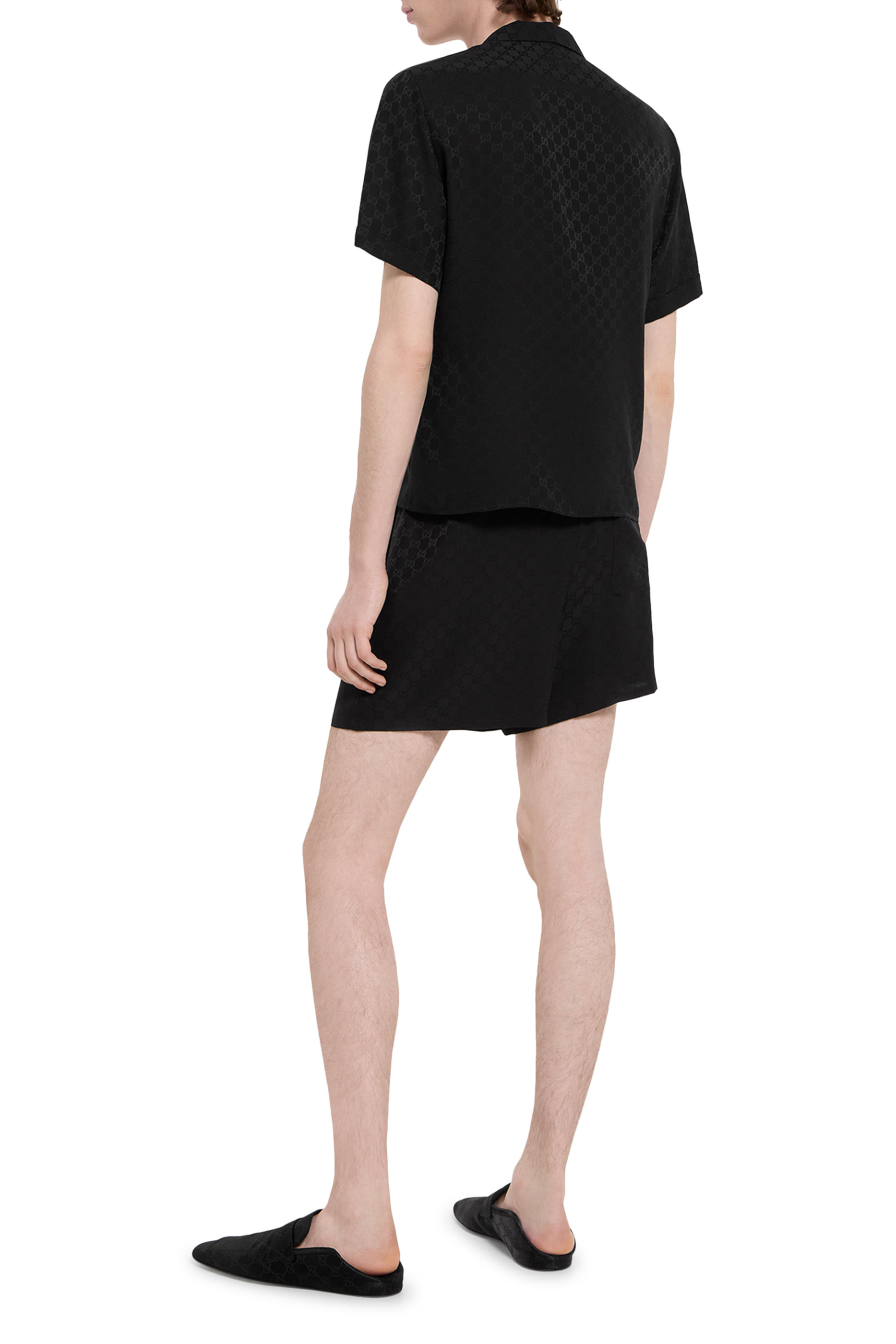 قميص بولينج حرير بنقشة حرفي شعار الماركة جاكار