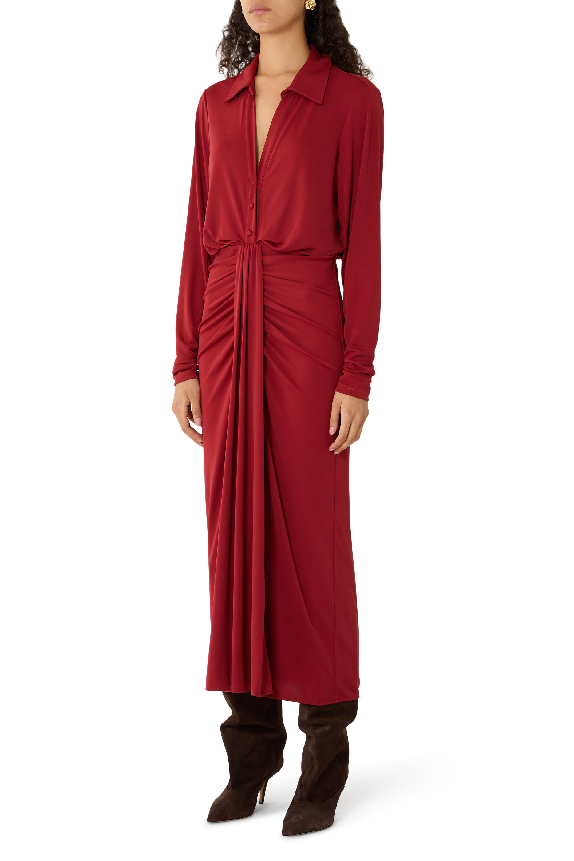 فستان سيفيرينا بأكمام طويلة وتفاصيل درابيه جيرسيه