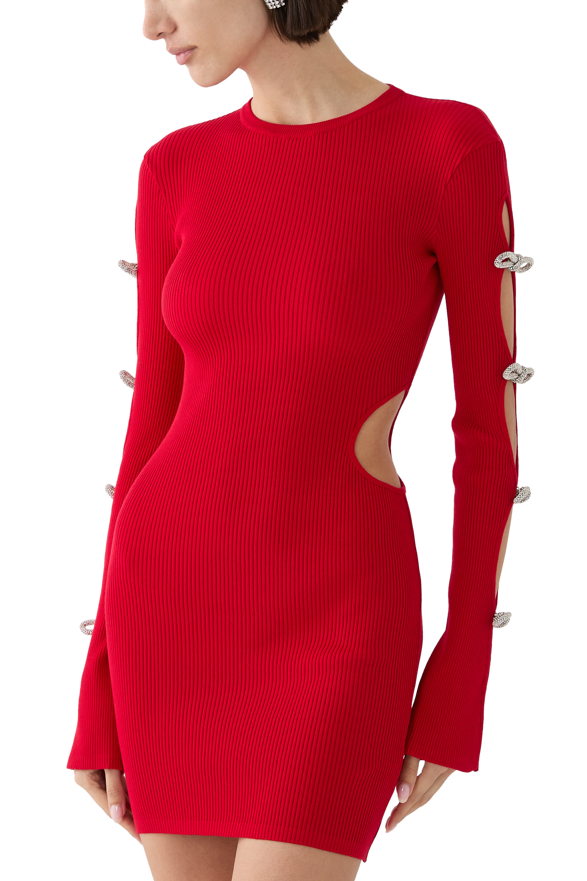 فستان قصير بأكمام مزينة بفتحات وربطات فيونكة