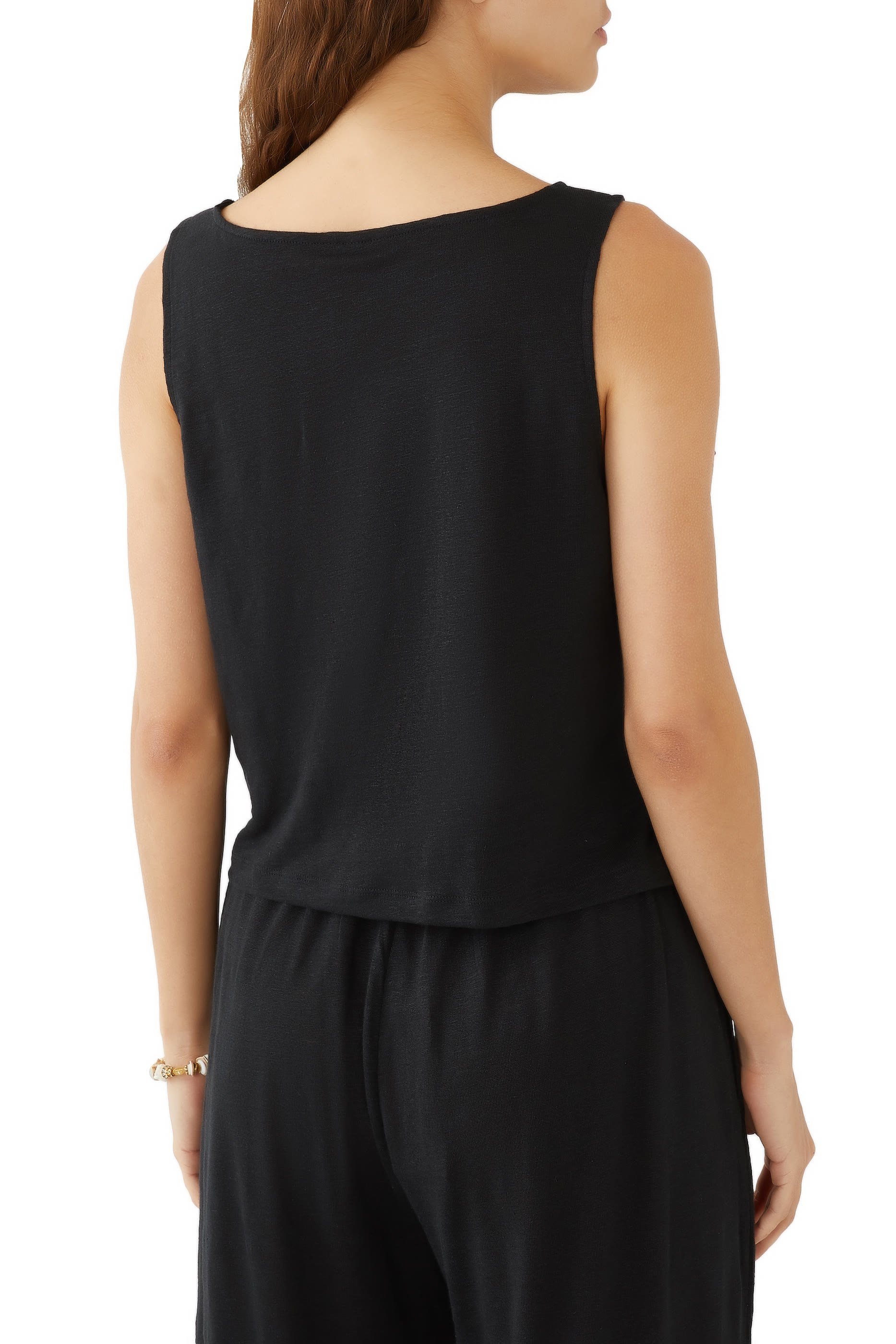 بلوزة قصيرة بلا أكمام بياقة قارب نسيج كتان عضوي