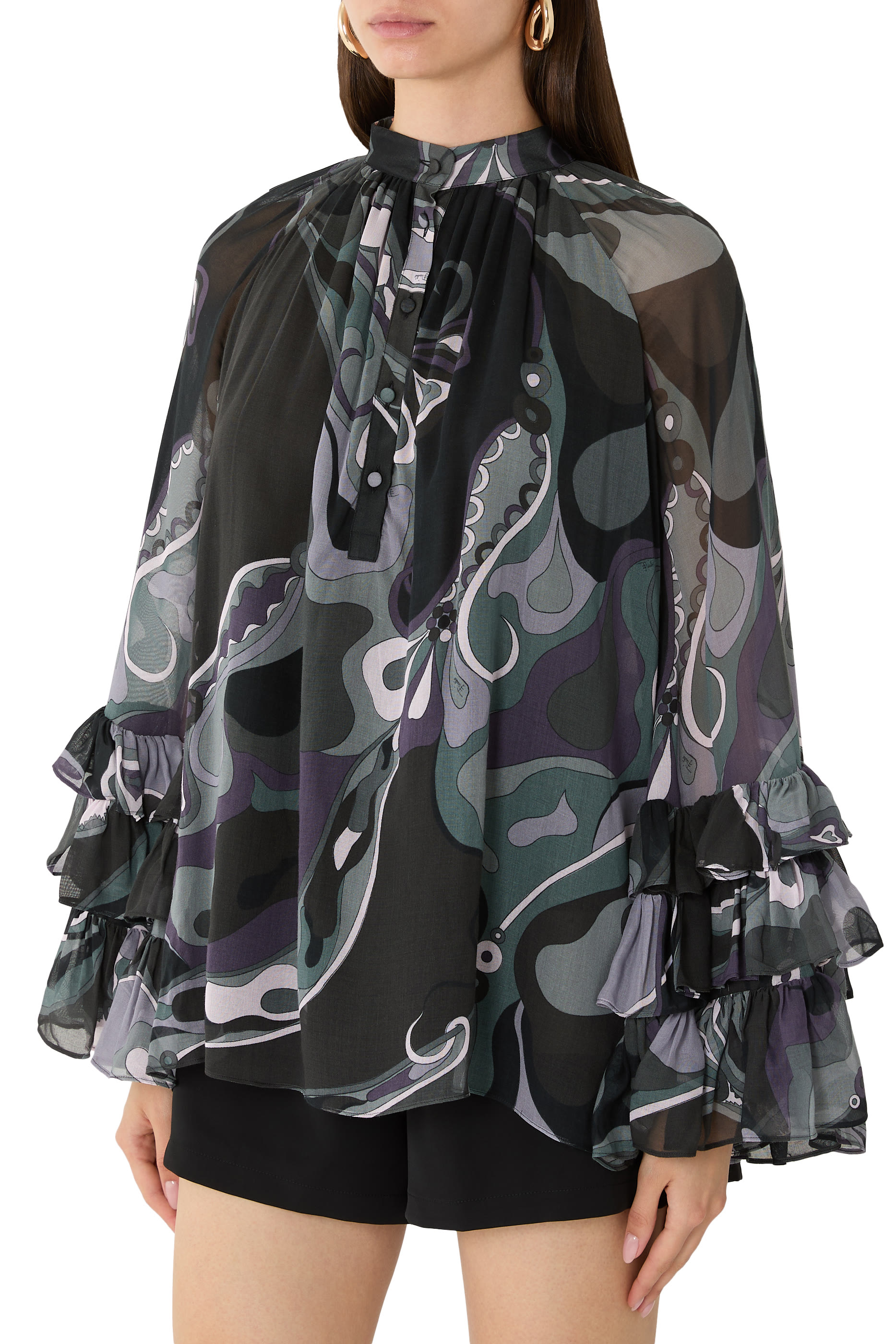 Abstract-Print Ruffled Blouse