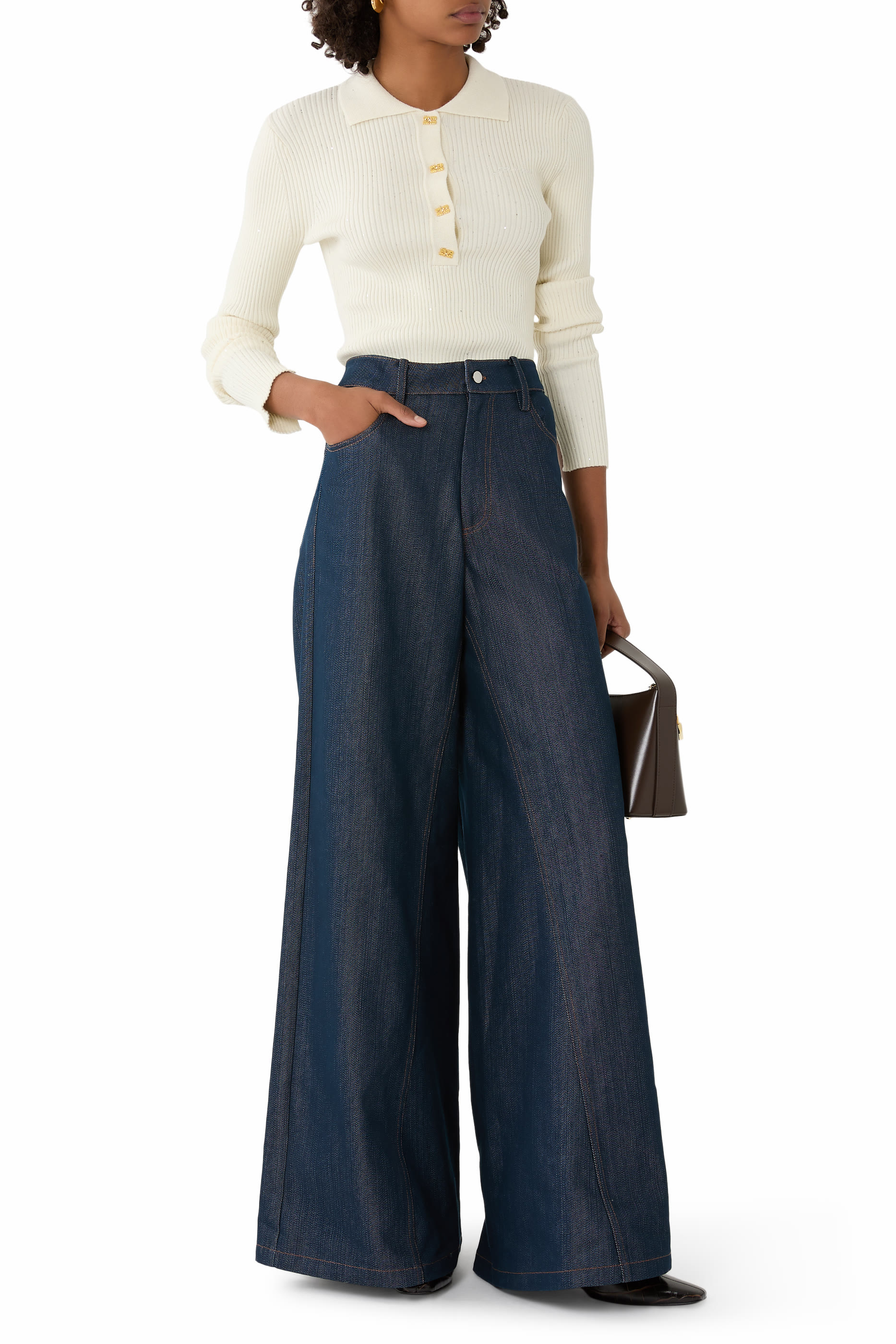 قميص بولو منسوج ومزين بترتر رفيع