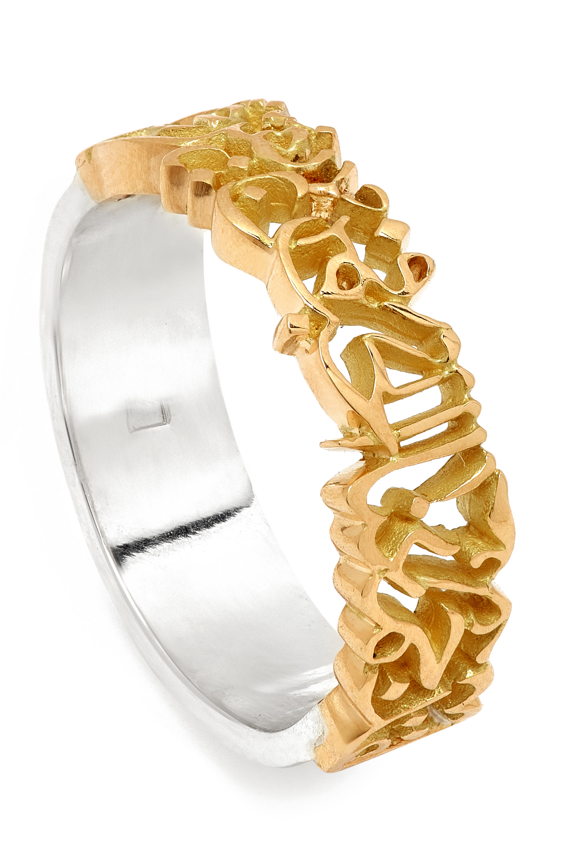 خاتم ثري كوارتر مزين بكلمة حب والماس فضة استرلينية وذهب أصفر عيار 18