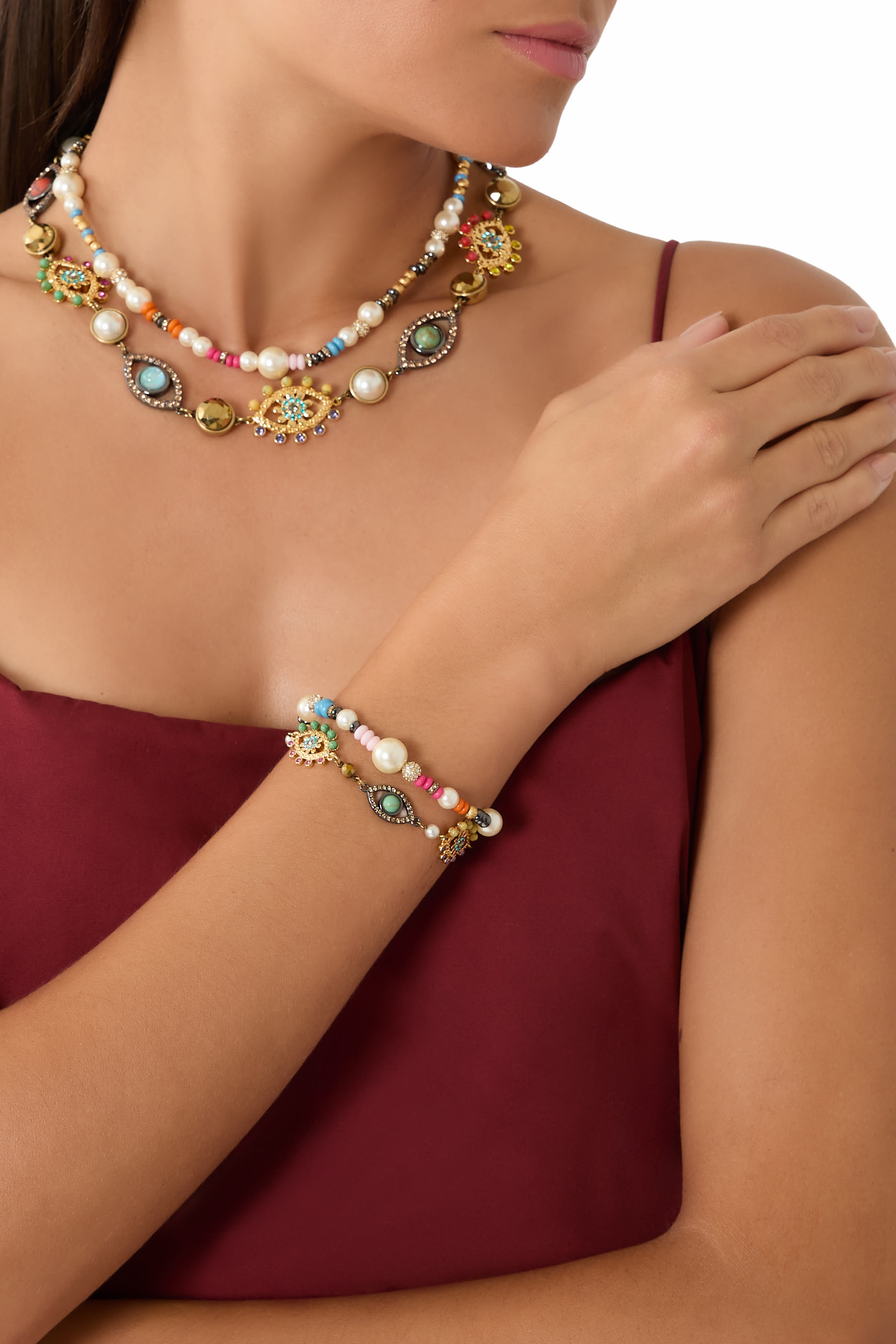 سوار بطبقتين وحلي بتصميم عين حسود، نحاس وكريستال