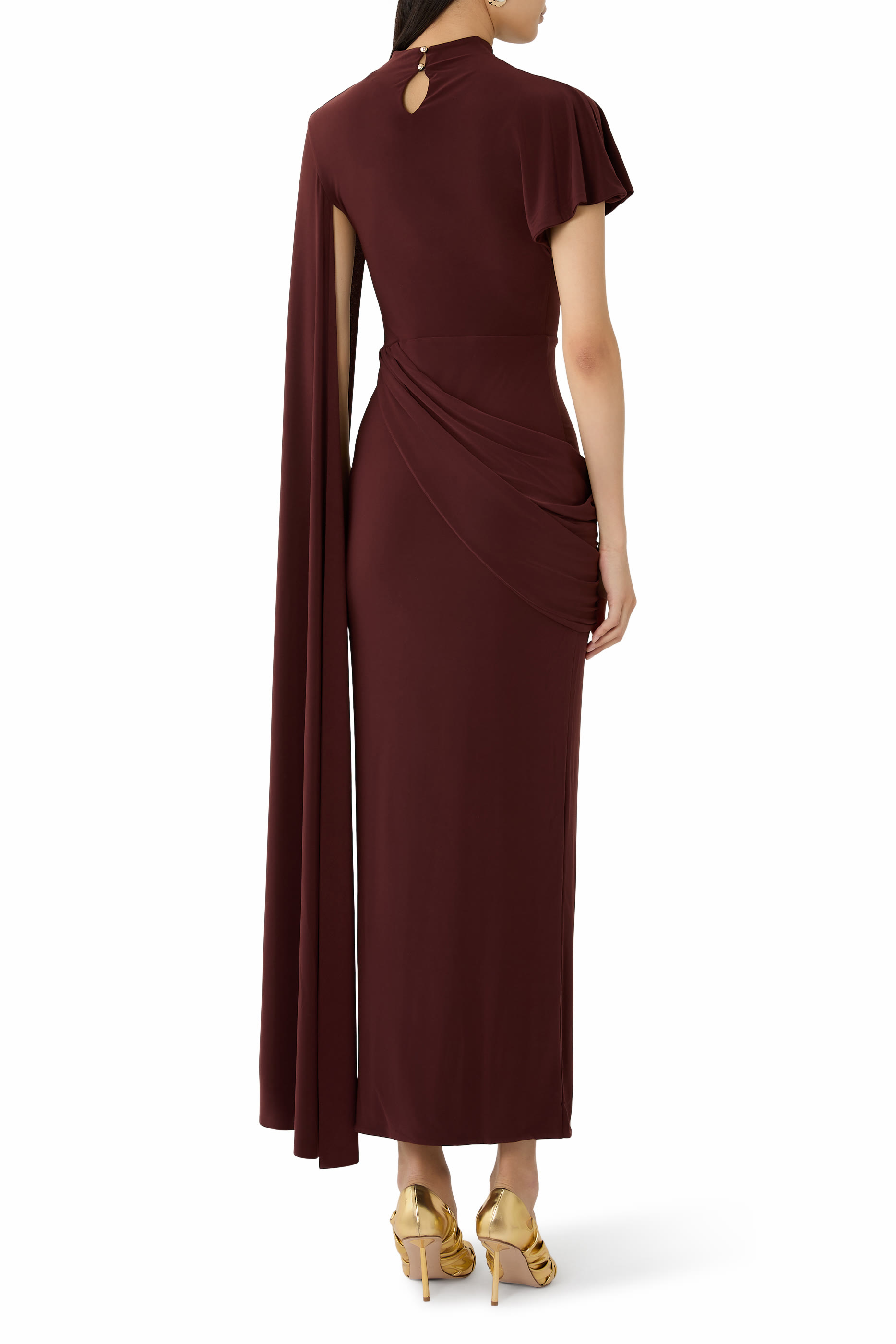 فستان تروبيك طويل بياقة عالية وكم كاب طويل