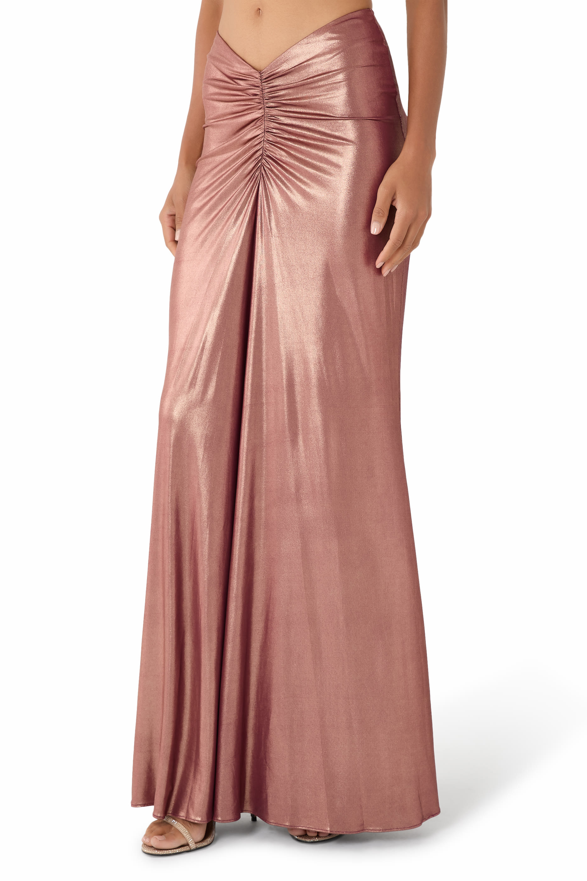 Coated Jersey Ruched Maxi Skirt