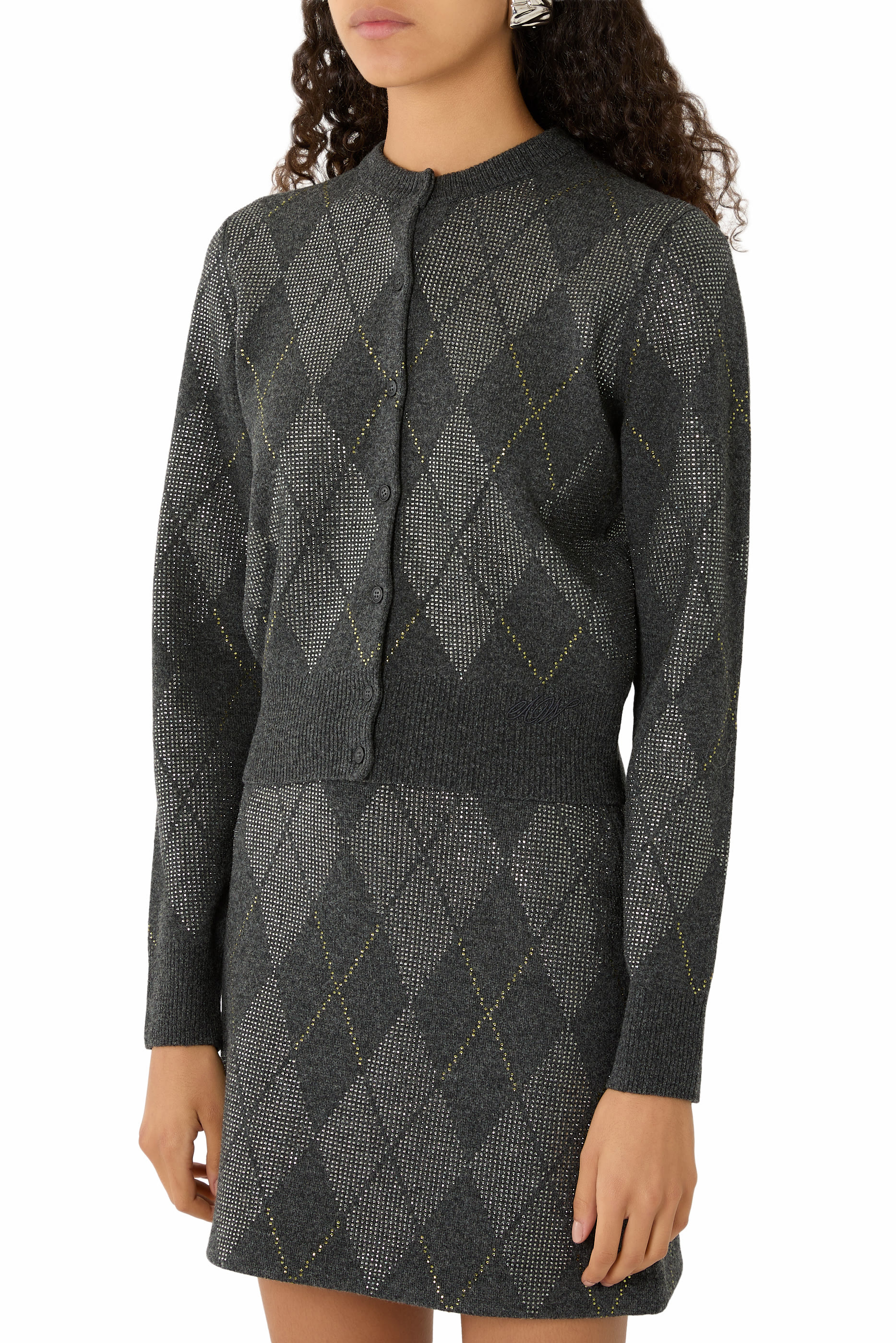 كارديغان بقصة قصيرة مرصع بكريستال مثبت حراريا