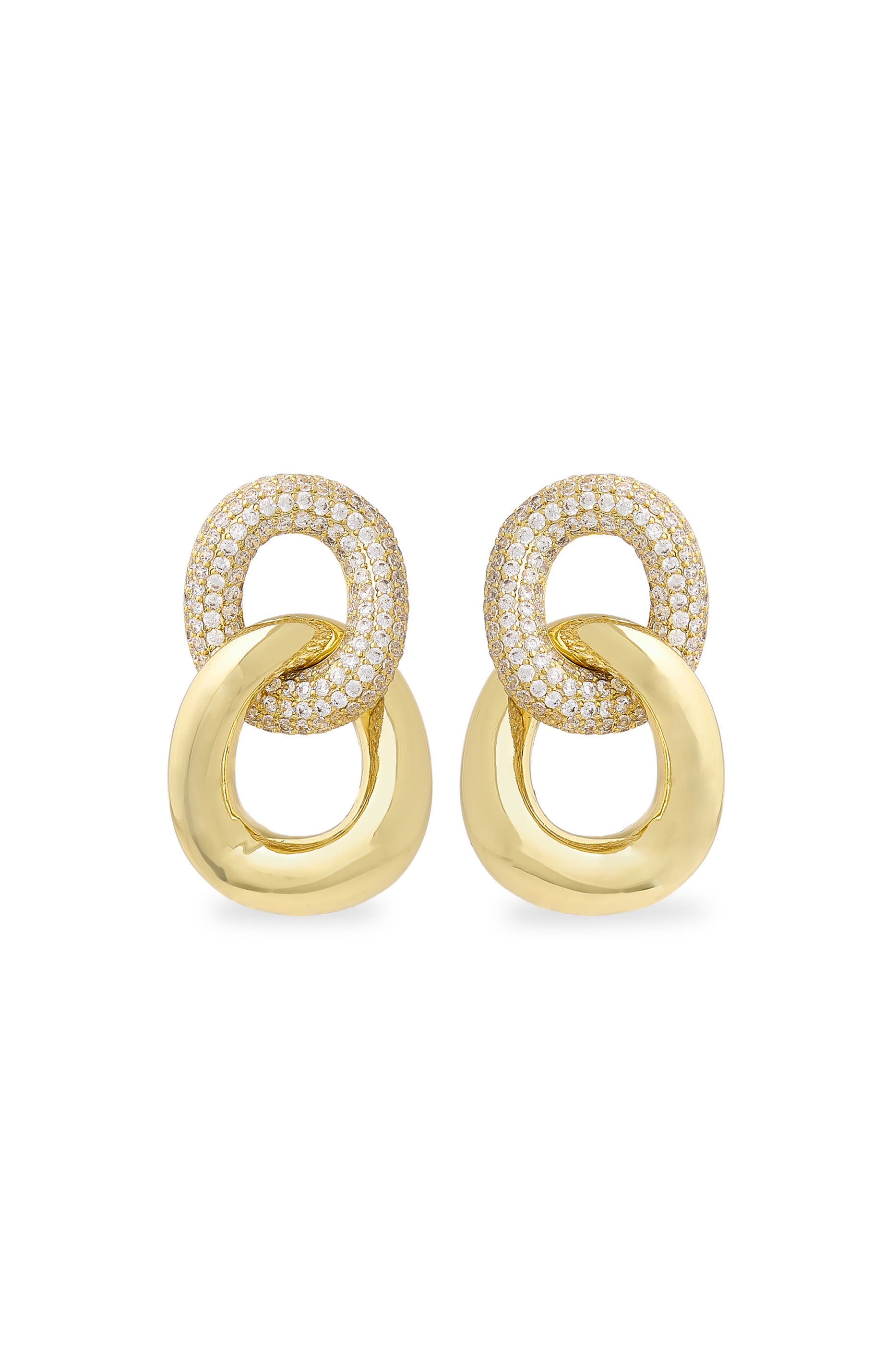 Pavé Double Link Earrings, Gold Plated Brass & Cubic Zirconia