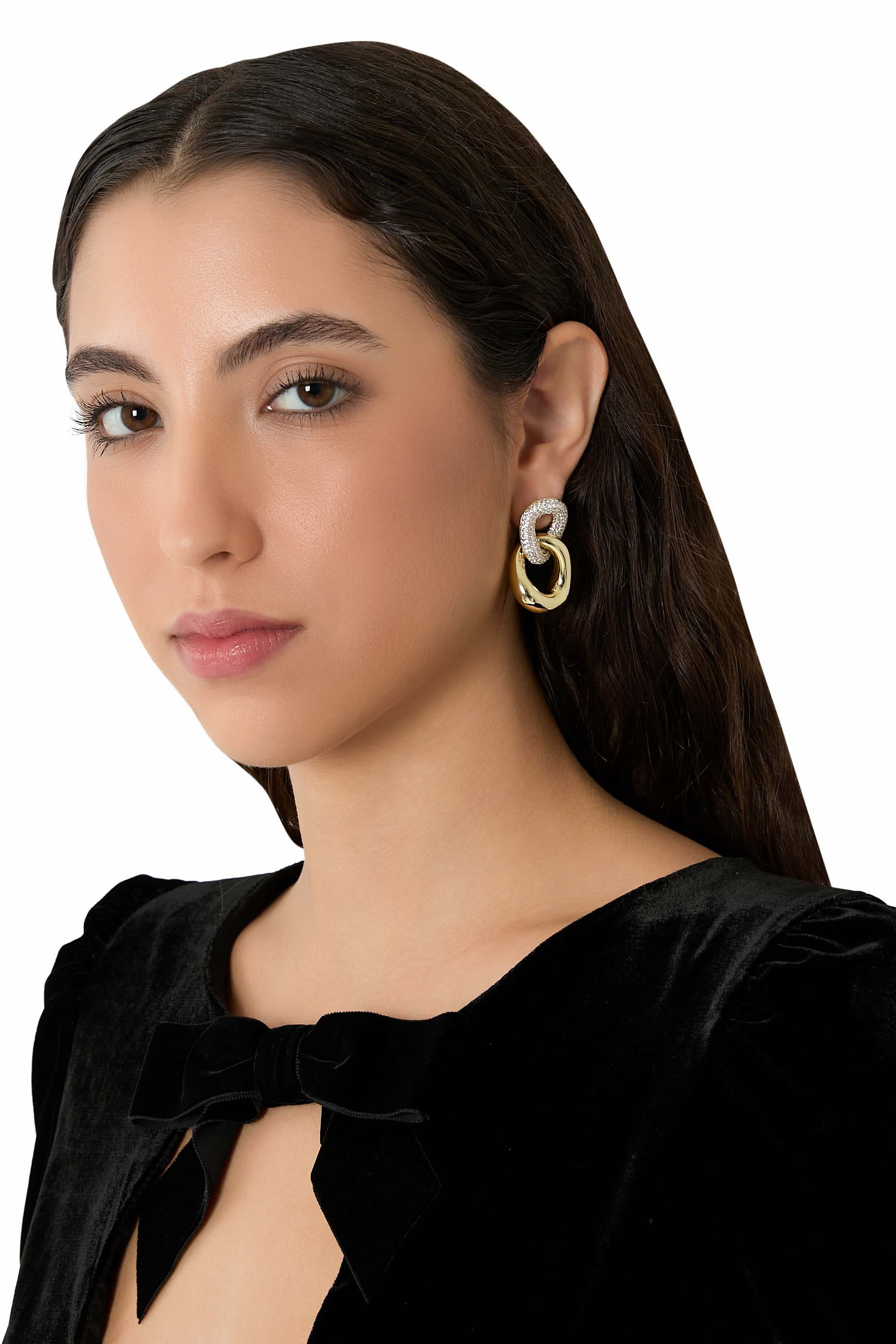Pavé Double Link Earrings, Gold Plated Brass & Cubic Zirconia