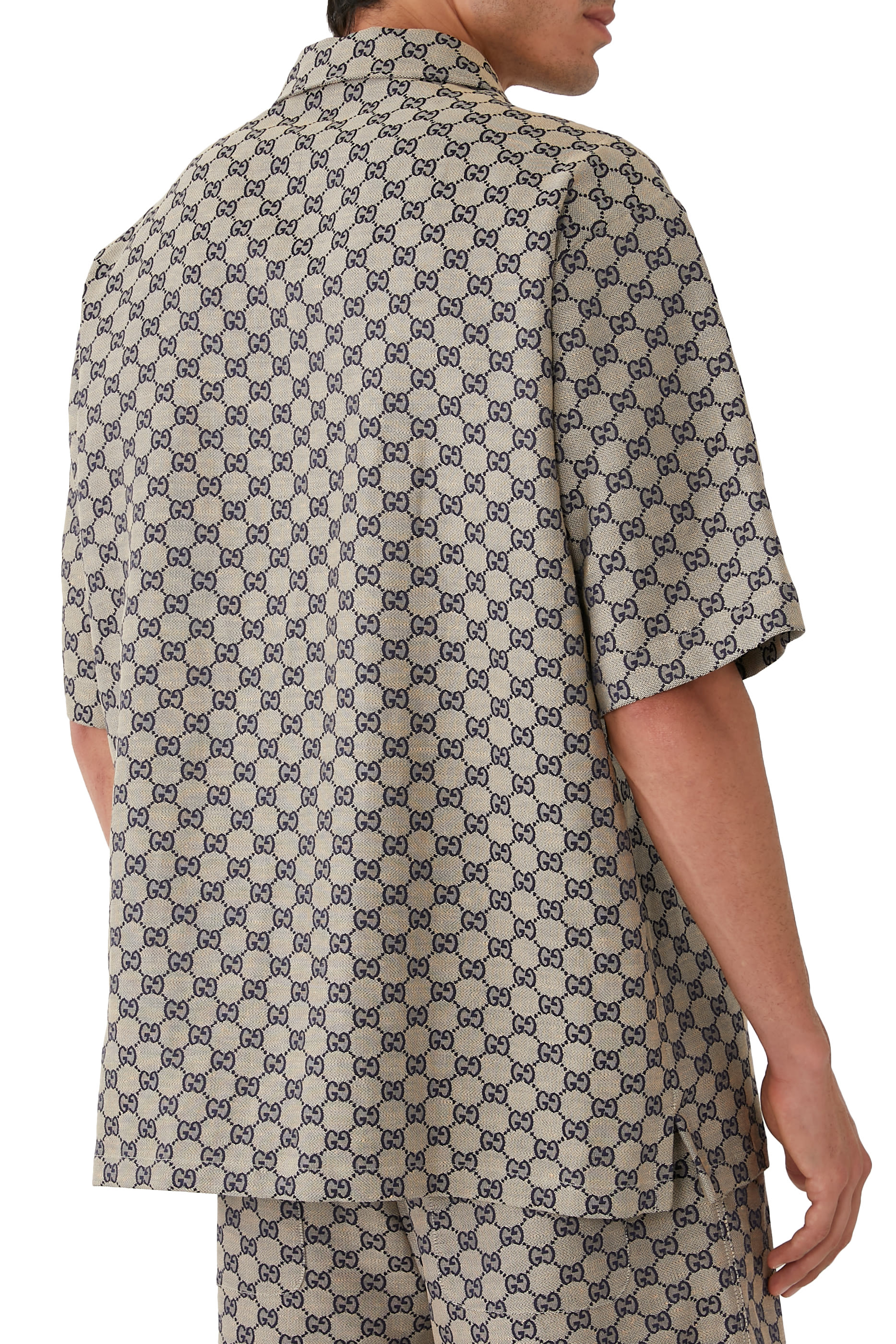 قميص بنقشة حرفي شعار الماركة مزيج قماش قنب وكتان