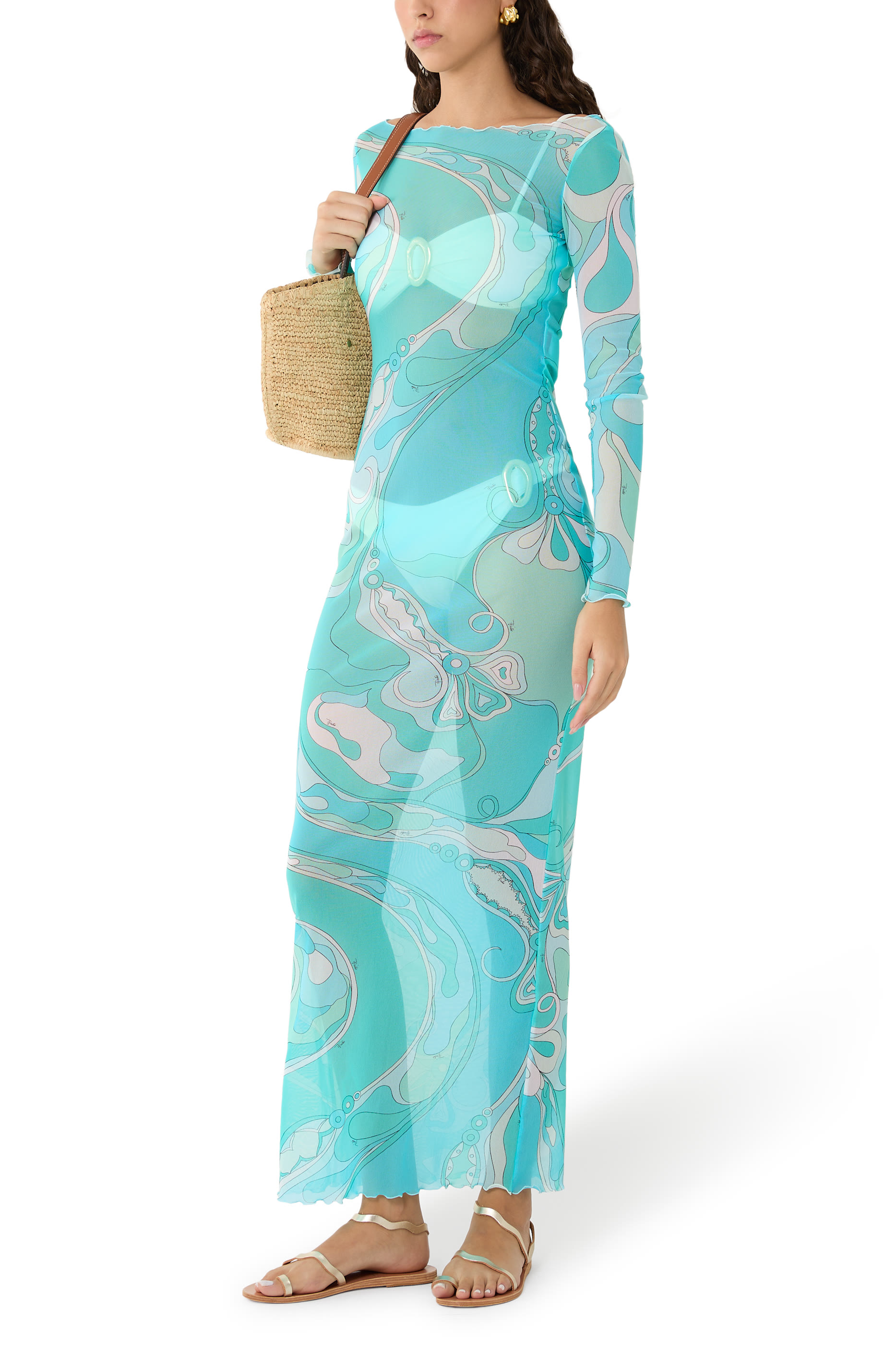 فستان أبيتو طويل شفاف بأكمام طويلة تول